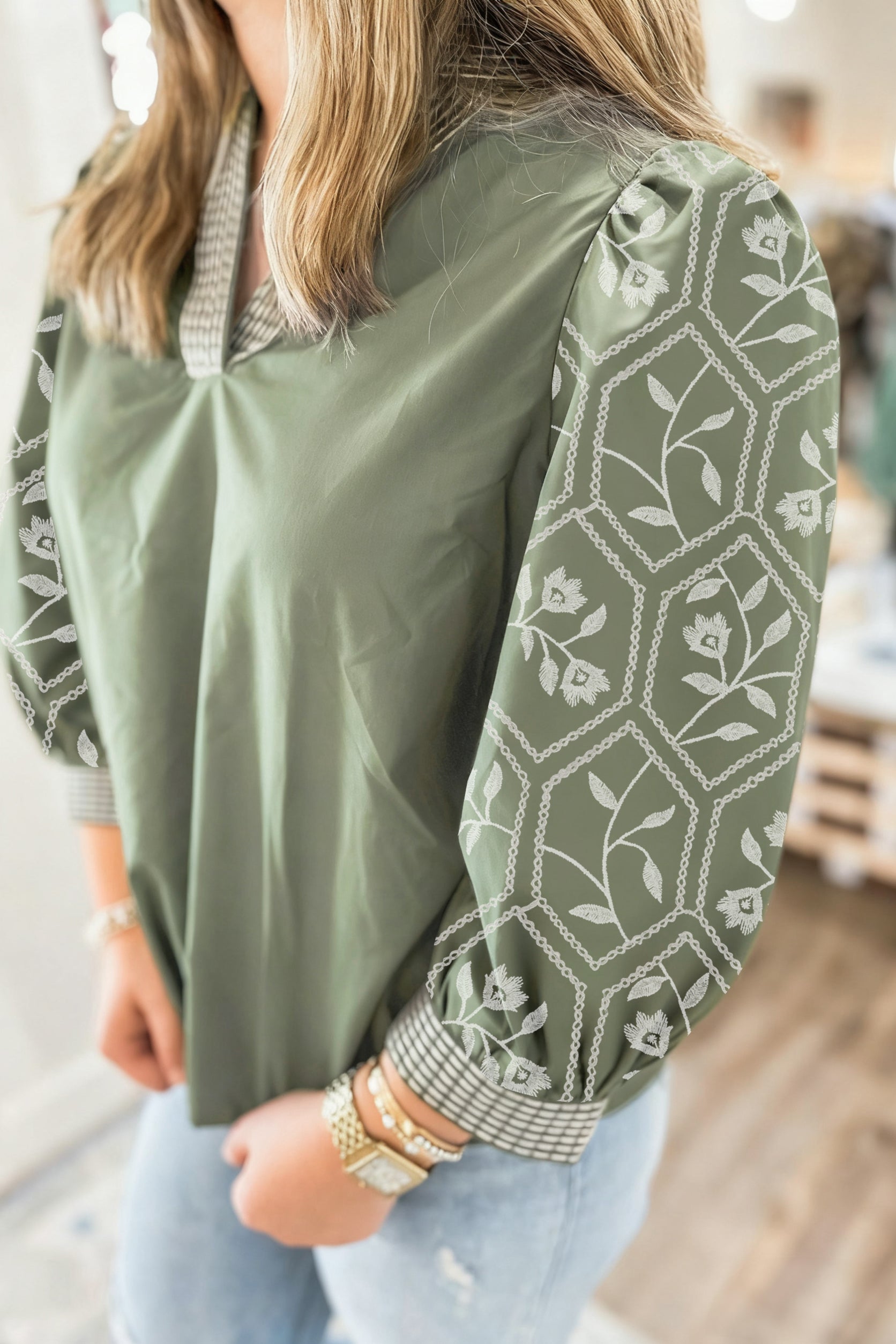 Grass Green Floral Puff Sleeve Contrast V Neck Patchwork Blouse-Tops/Blouses & Shirts-[Adult]-[Female]-2022 Online Blue Zone Planet