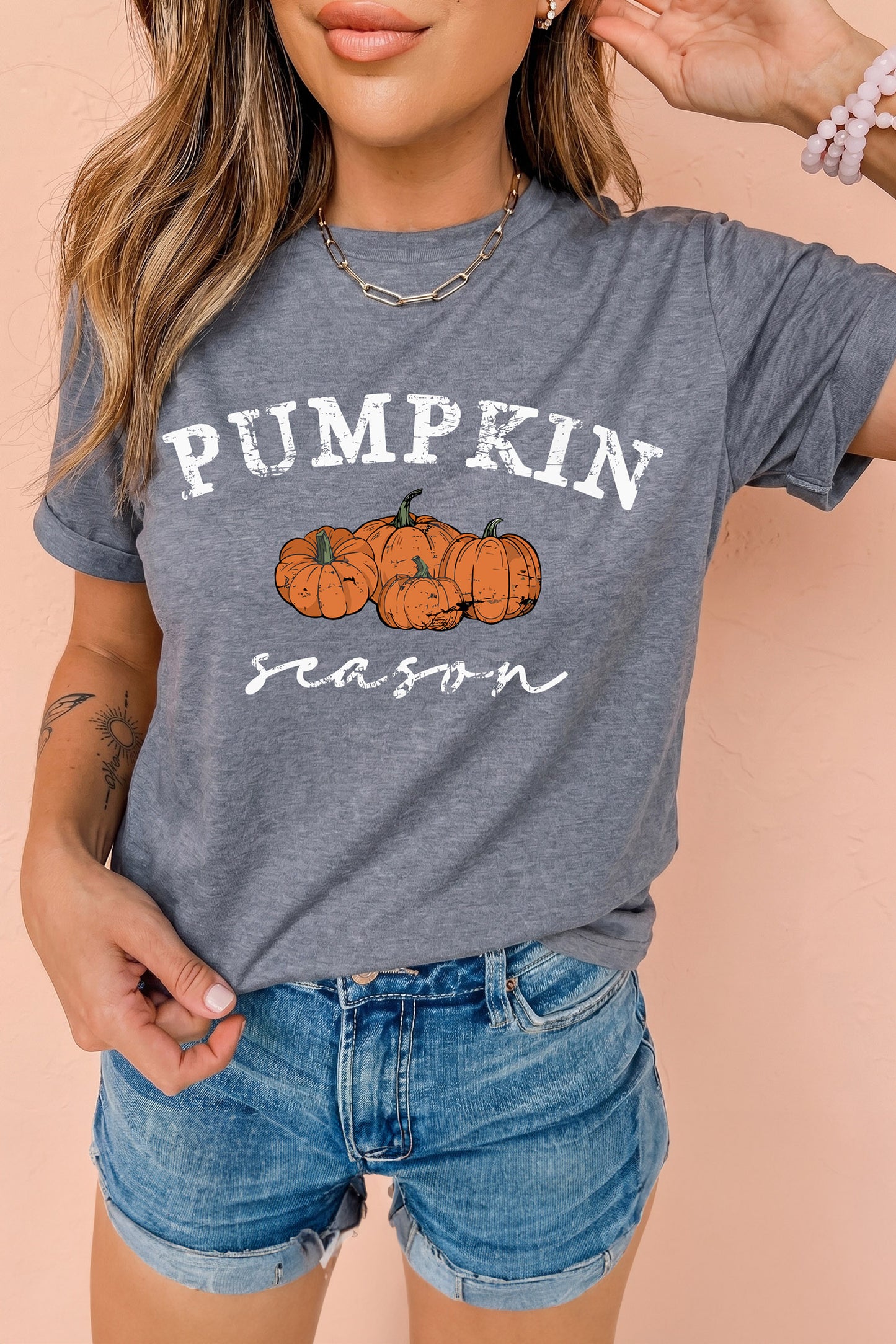 Gray Pumpkin Season Graphic Round Neck Short Sleeve T-Shirt-Graphic/Graphic Tees-[Adult]-[Female]-2022 Online Blue Zone Planet