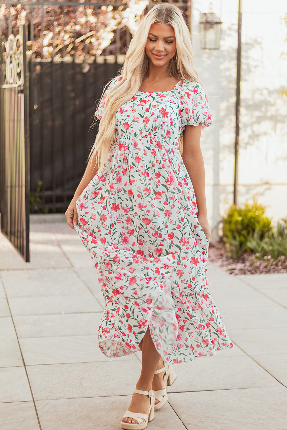 Pink Floral Puff Sleeve Square Neck Empire Waist Tiered Maxi Dress-Dresses/Floral Dresses-[Adult]-[Female]-2022 Online Blue Zone Planet