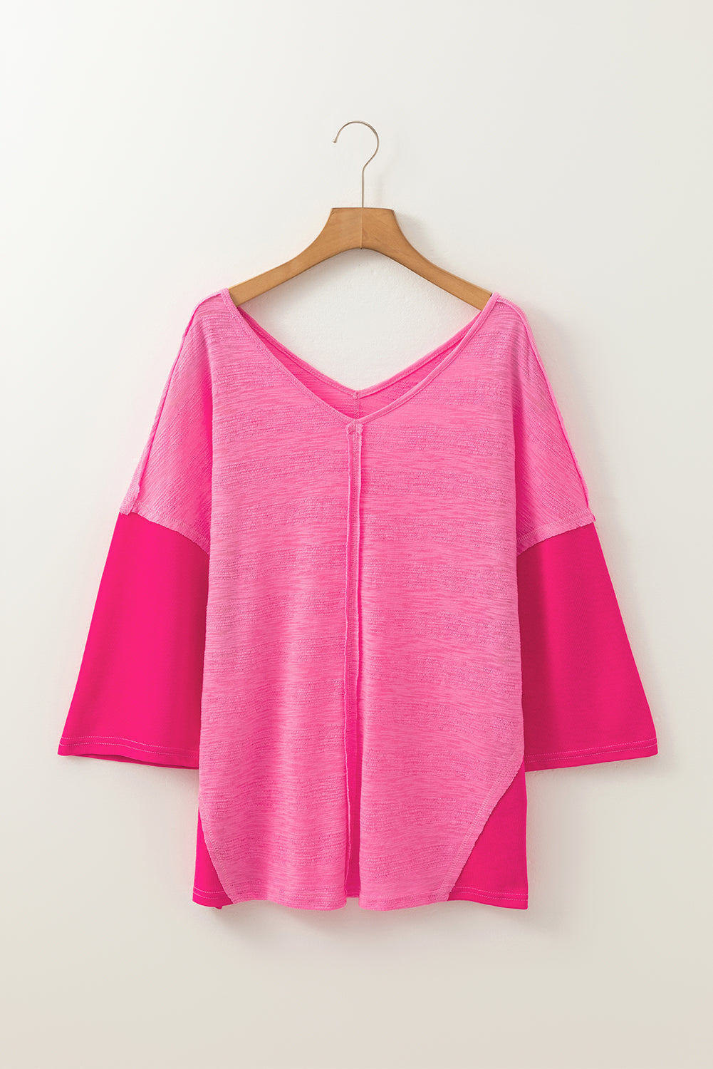 Sachet Pink V-Neck Exposed Seam Patchwork Top-T Shirts-[Adult]-[Female]-2022 Online Blue Zone Planet