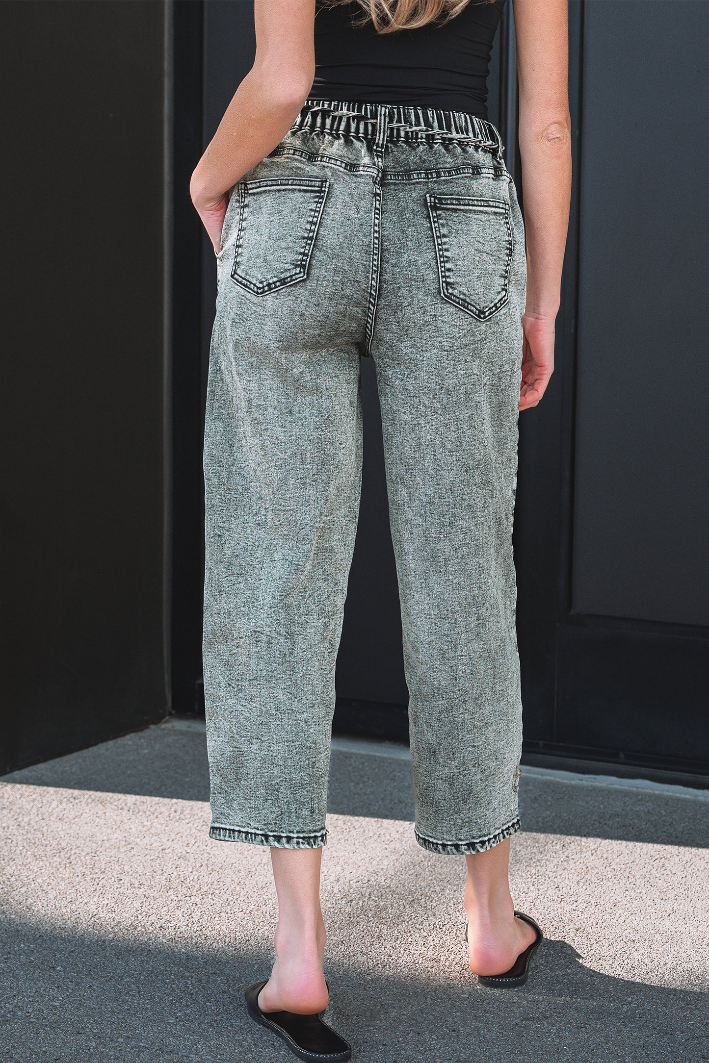 Gray Acid Wash Barrel Fit Denim Pants with Waist String-Bottoms/Jeans-[Adult]-[Female]-2022 Online Blue Zone Planet