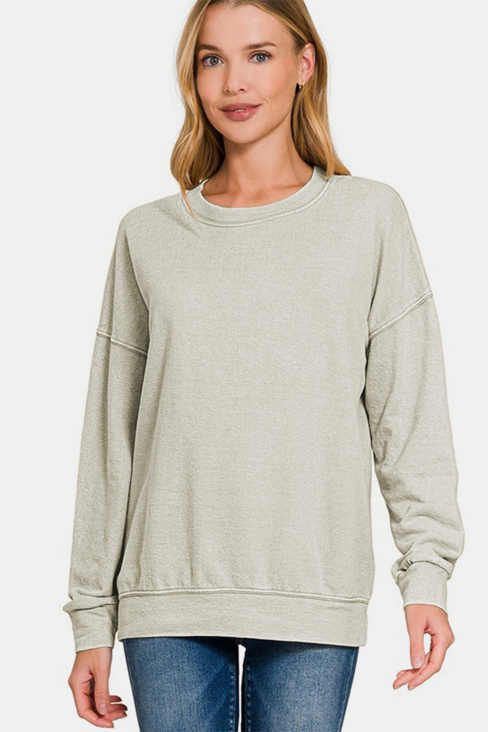 Zenana Washed Round Neck Dropped Shoulder Sweatshirt-TOPS / DRESSES-[Adult]-[Female]-Lt Grey-S-2022 Online Blue Zone Planet