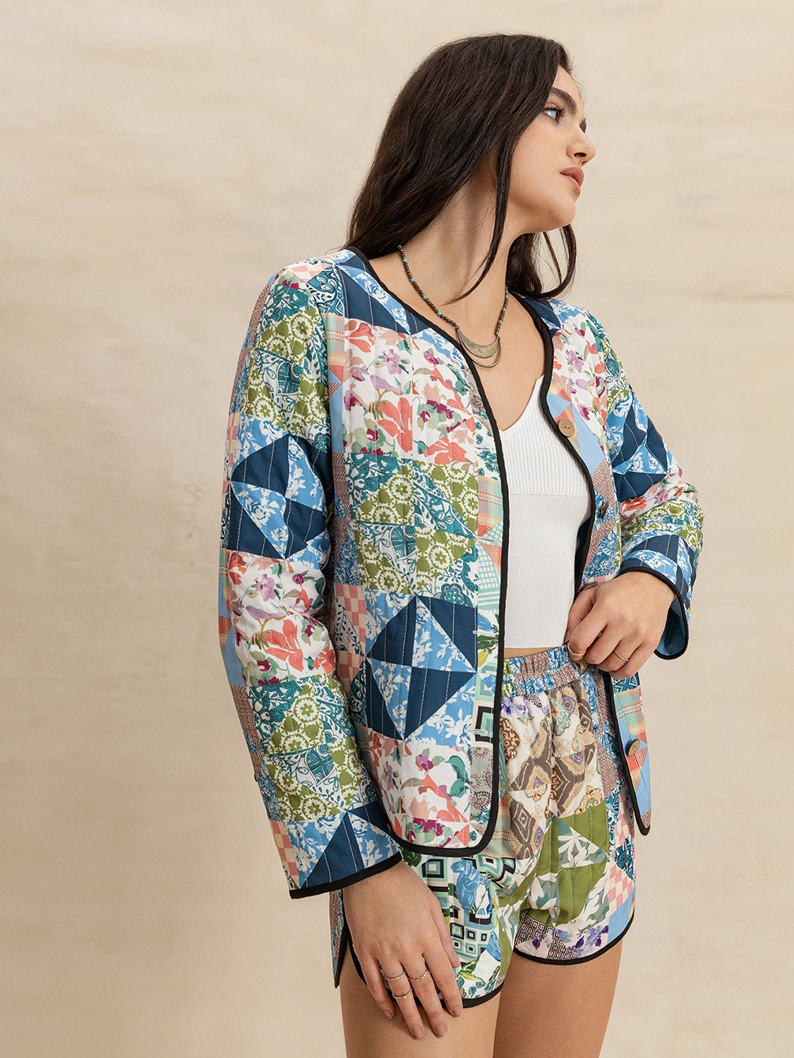 Printed Button Up Long Sleeve Outerwear and Shorts Set-TOPS / DRESSES-[Adult]-[Female]-2022 Online Blue Zone Planet