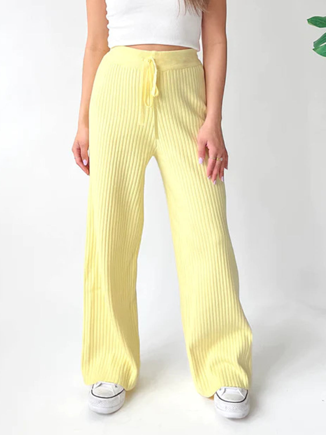 Blue Zone Planet | Ribbed Wide Leg Sweater Pants-BOTTOMS SIZES SMALL MEDIUM LARGE-[Adult]-[Female]-Pastel Yellow-S-2022 Online Blue Zone Planet