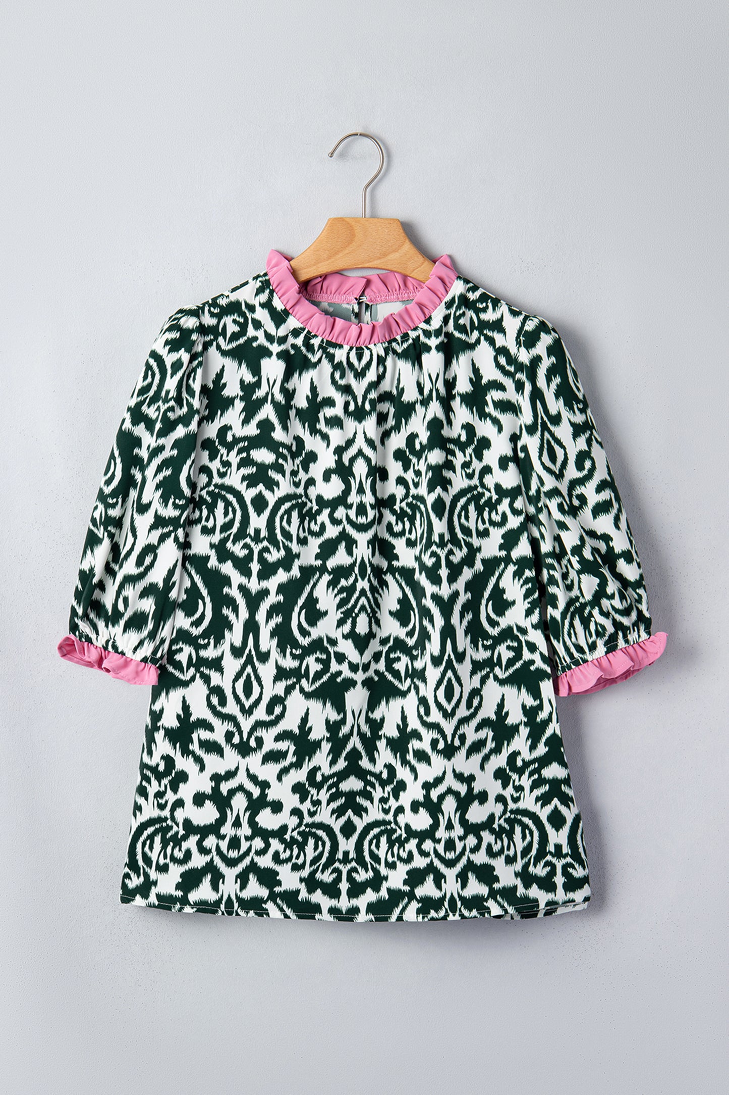 Green Damask Print Ruffled Color Block Detail Half Sleeve Blouse-Tops/Blouses & Shirts-[Adult]-[Female]-2022 Online Blue Zone Planet