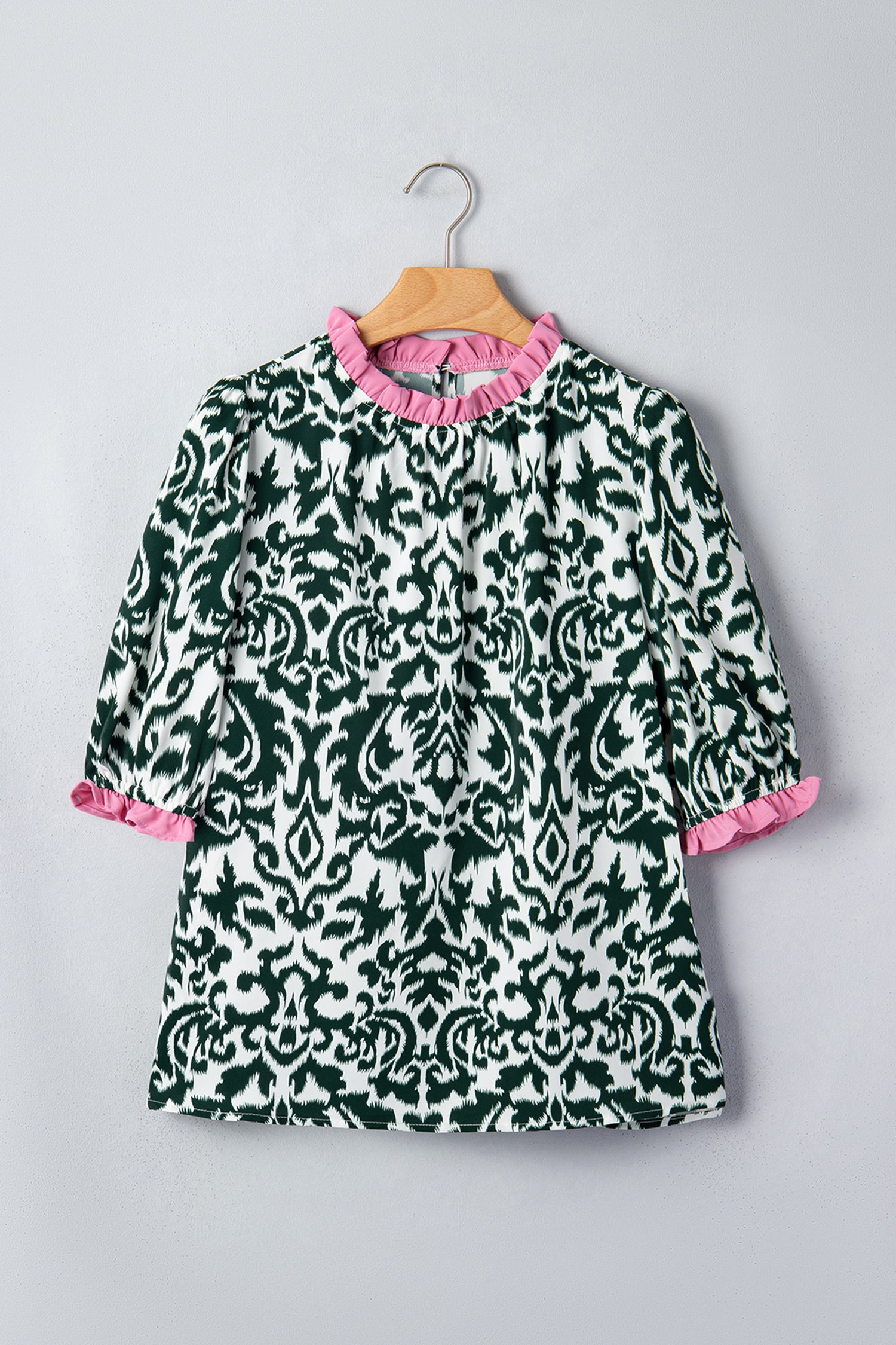 Green Damask Print Ruffled Color Block Detail Half Sleeve Blouse-Tops/Blouses & Shirts-[Adult]-[Female]-2022 Online Blue Zone Planet