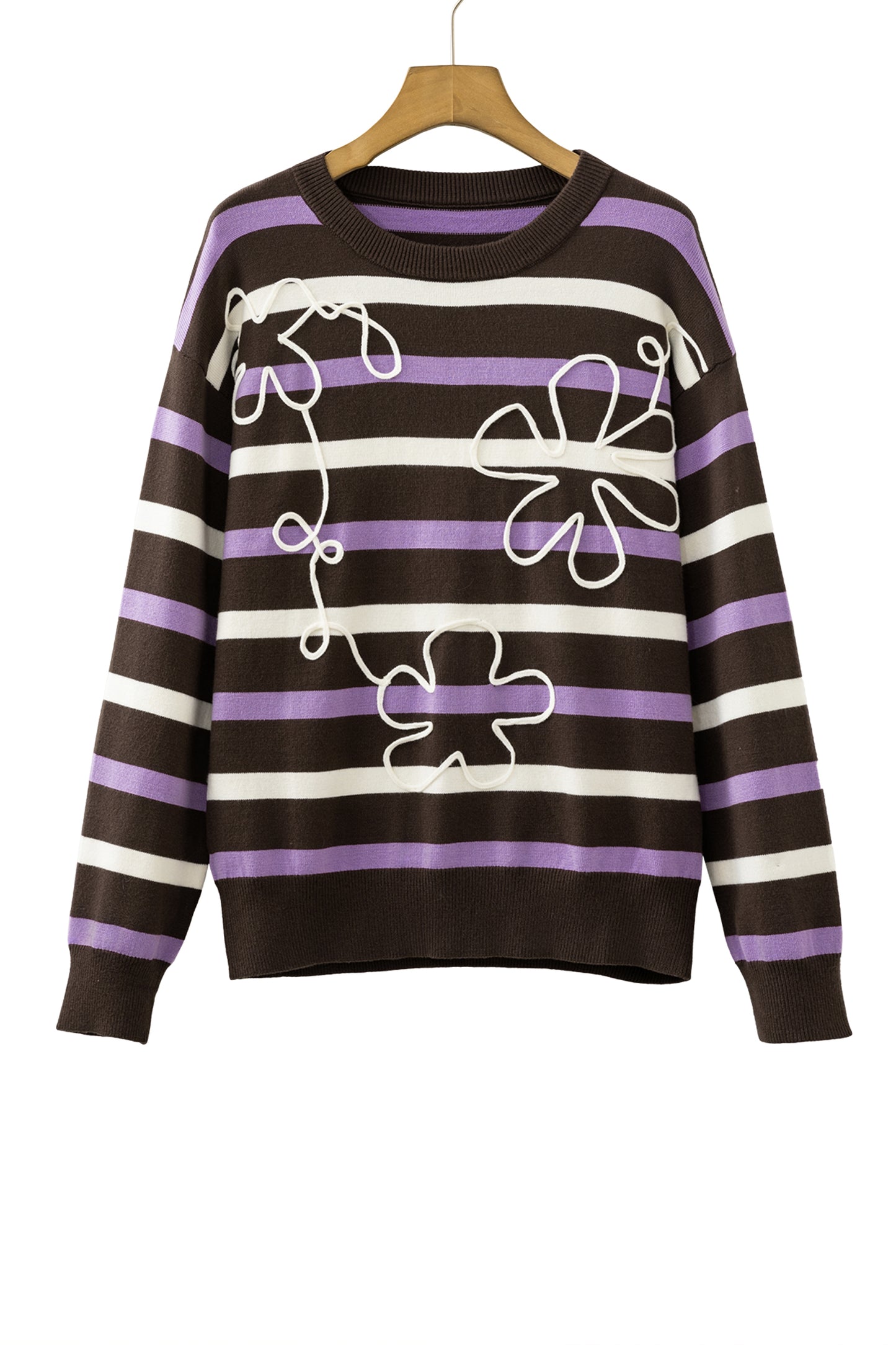 Brown Stripe Embroidered Detail Drop Shoulder Pullover Sweater-Sweaters & Cardigans/Sweaters-[Adult]-[Female]-2022 Online Blue Zone Planet