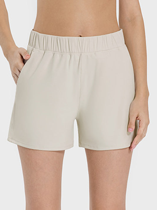 Blue Zone Planet | Elastic Waist Active Shorts-TOPS / DRESSES-[Adult]-[Female]-Beige-4-2022 Online Blue Zone Planet