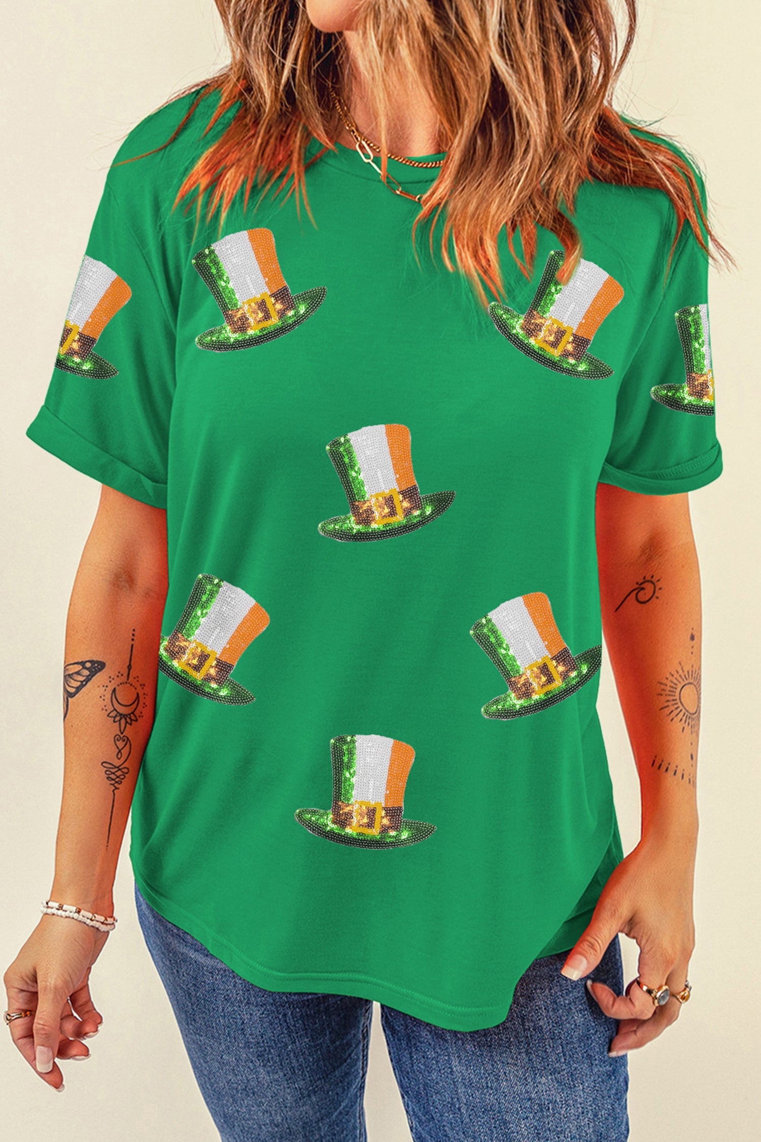 Bright Green Sequin St Patricks Day Hat Relaxed T Shirt-Graphic/Graphic Tees-[Adult]-[Female]-2022 Online Blue Zone Planet