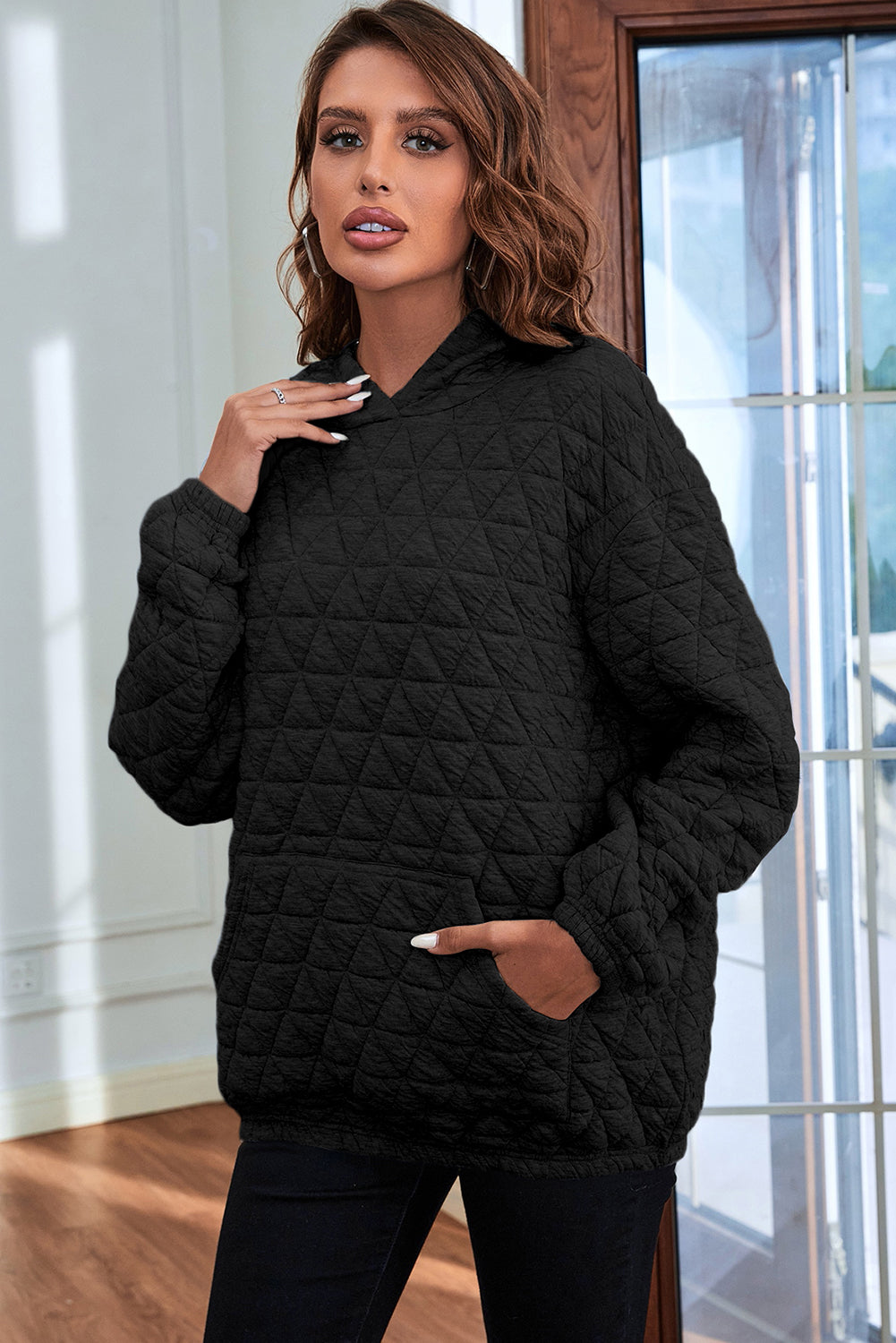 Black Solid Color Quilted Kangaroo Pocket Hoodie-Tops/Sweatshirts & Hoodies-[Adult]-[Female]-2022 Online Blue Zone Planet