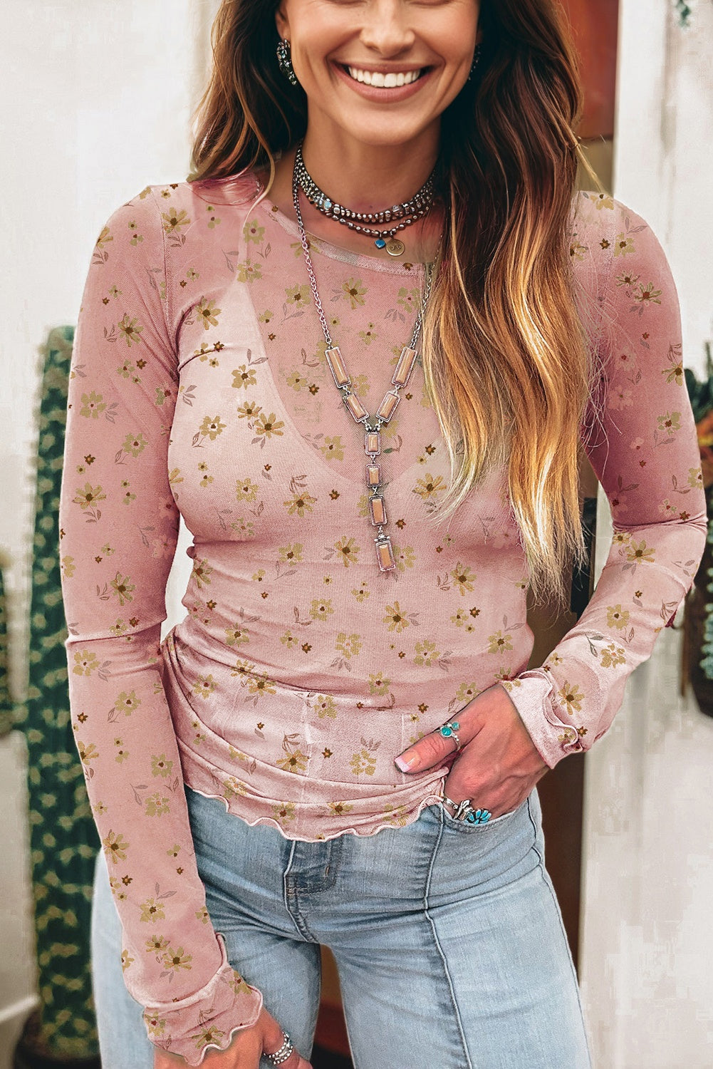 Sky Blue Vintage Floral Print Southern Style Mesh Long Sleeve Top-Tops/Long Sleeve Tops-[Adult]-[Female]-2022 Online Blue Zone Planet