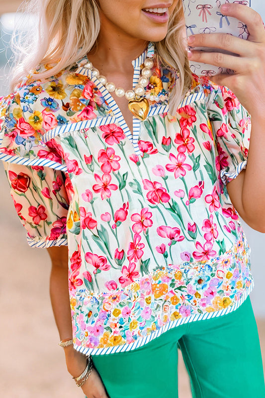 Pink Floral Print Striped Detail Split Neck Short Sleeve Blouse-Tops/Blouses & Shirts-[Adult]-[Female]-Pink-S-2022 Online Blue Zone Planet
