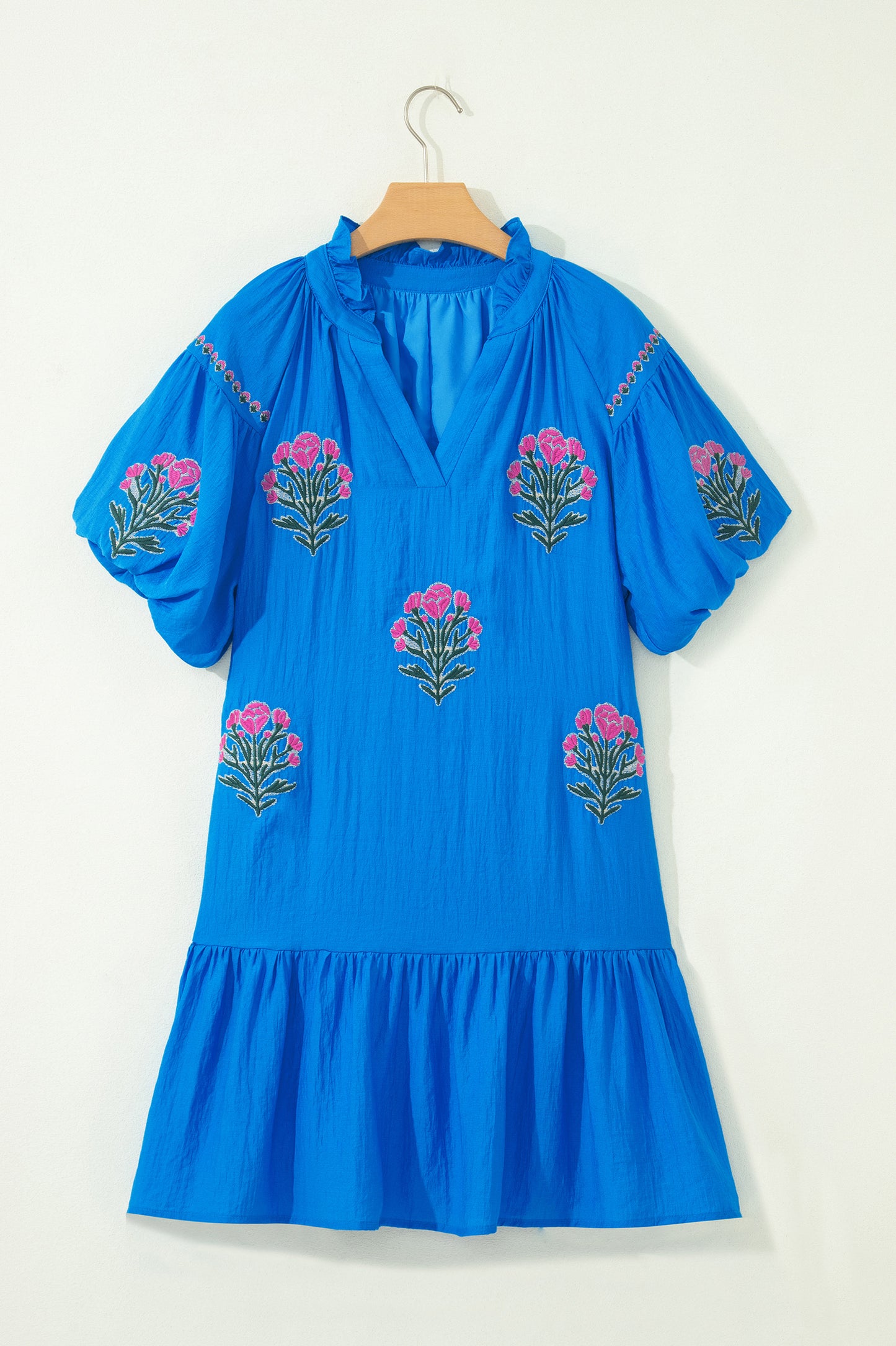 Blue Flower Embroidered Split Neck Short Puff Sleeve Ruffle Hem Dress-TOPS / DRESSES-[Adult]-[Female]-2022 Online Blue Zone Planet