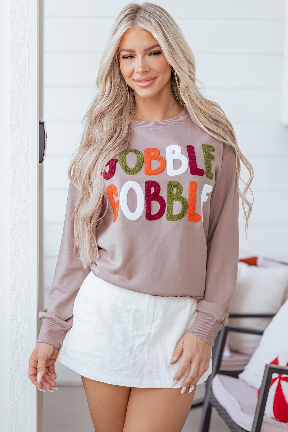 Dark Khaki GOBBLE Letter Graphic Thanksgiving Shift Sweatshirt-Tops/Sweatshirts & Hoodies-[Adult]-[Female]-2022 Online Blue Zone Planet