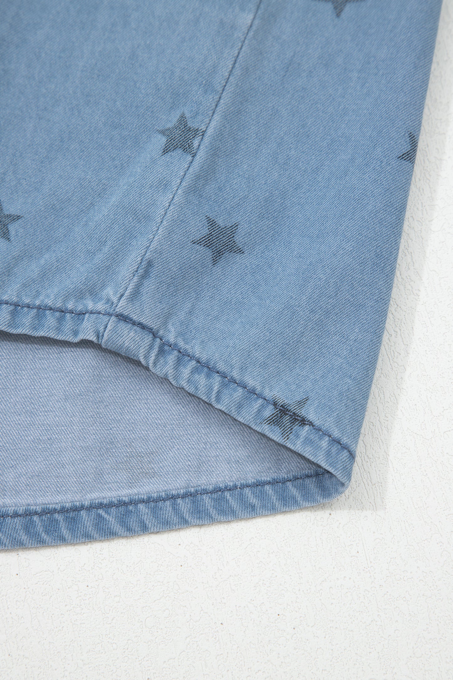 Beau Blue Star Allover Print Double Chest Pocket Short Sleeve Denim Shirt-Tops/Blouses & Shirts-[Adult]-[Female]-2022 Online Blue Zone Planet