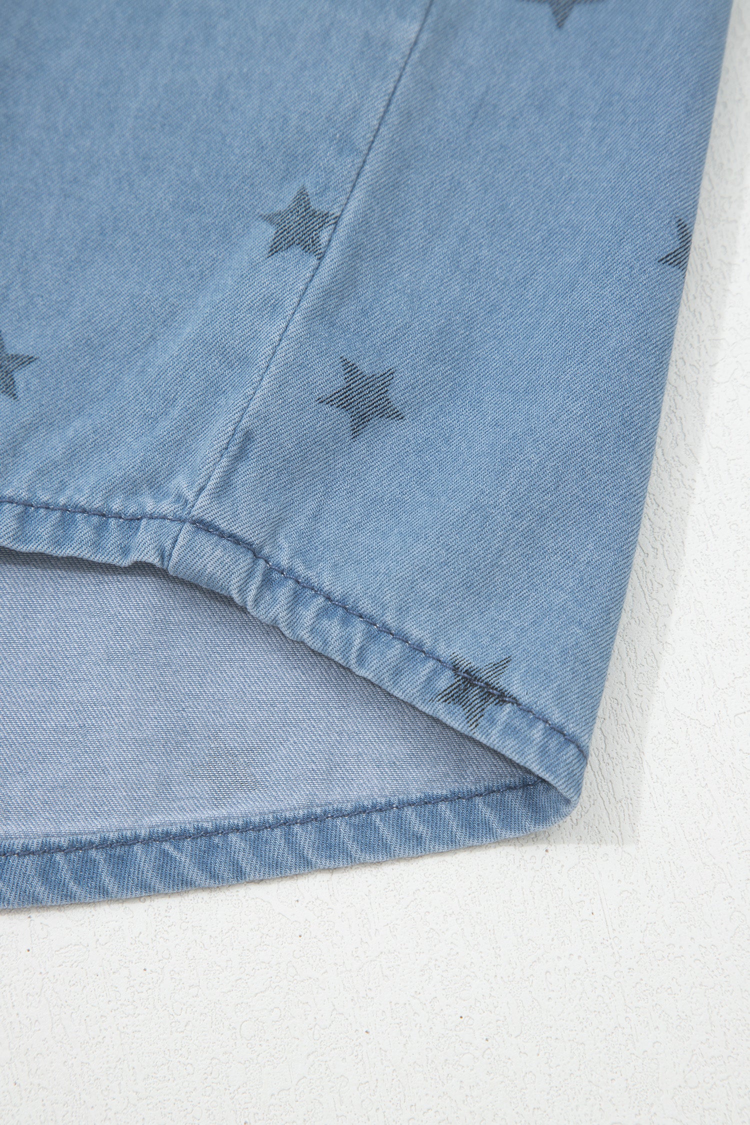 Beau Blue Star Allover Print Double Chest Pocket Short Sleeve Denim Shirt-Tops/Blouses & Shirts-[Adult]-[Female]-2022 Online Blue Zone Planet