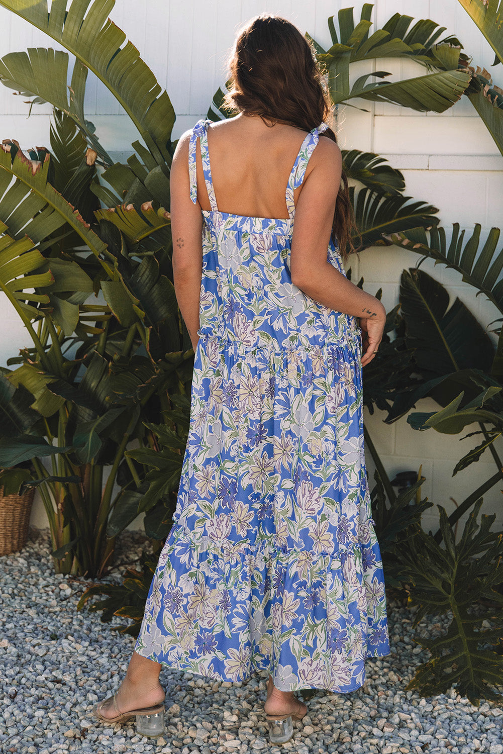 Sky Blue Floral Print Self-tie Straps Flowy Ruffle Long Dress-TOPS / DRESSES-[Adult]-[Female]-2022 Online Blue Zone Planet