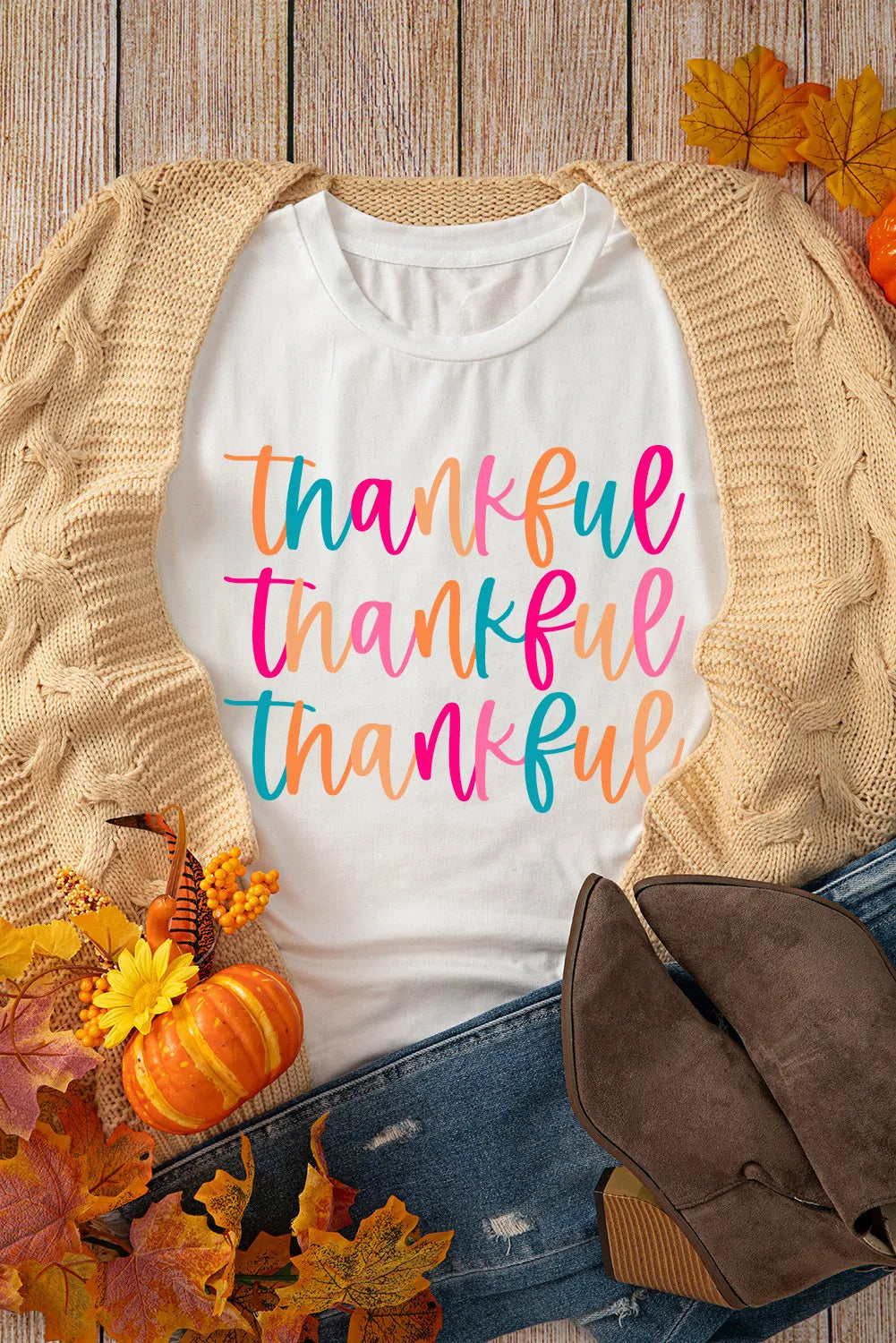 Full Size THANKFUL Round Neck Short Sleeve T-Shirt-TOPS / DRESSES-[Adult]-[Female]-2022 Online Blue Zone Planet