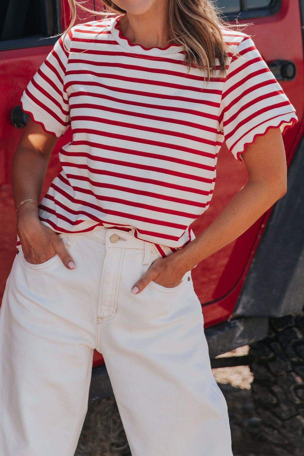 Red Stripe Scalloped Trim Round Neck T Shirt-Tops/Tops & Tees-[Adult]-[Female]-2022 Online Blue Zone Planet