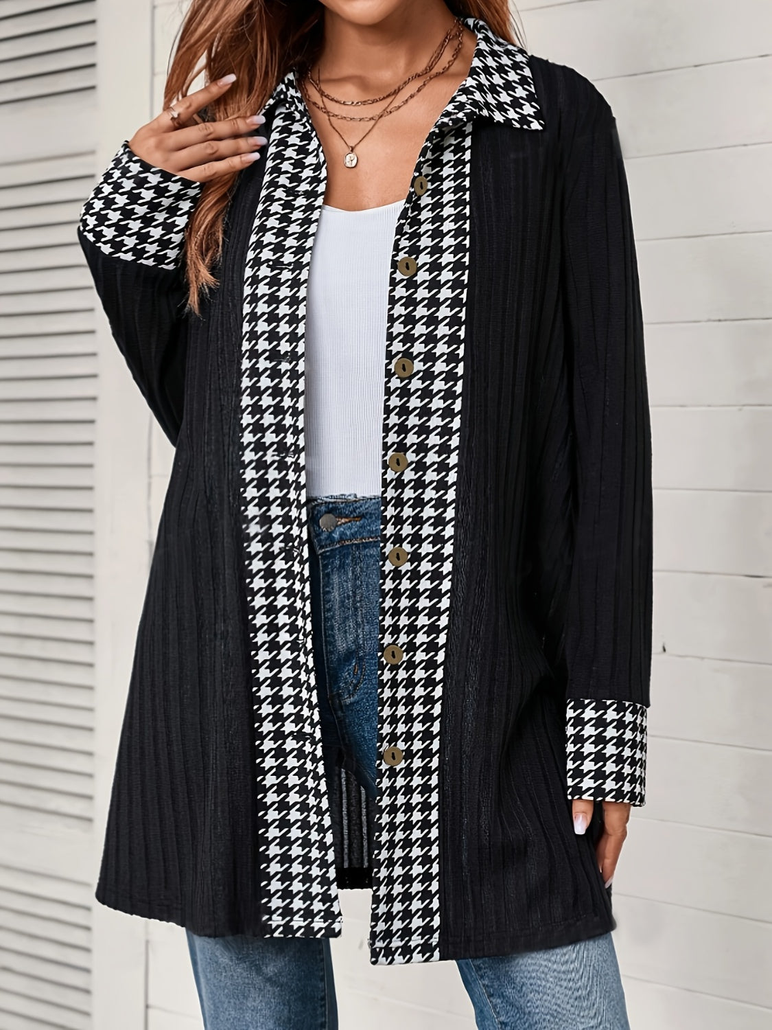 Houndstooth Button Up Long Sleeve Cardigan-TOPS / DRESSES-[Adult]-[Female]-2022 Online Blue Zone Planet