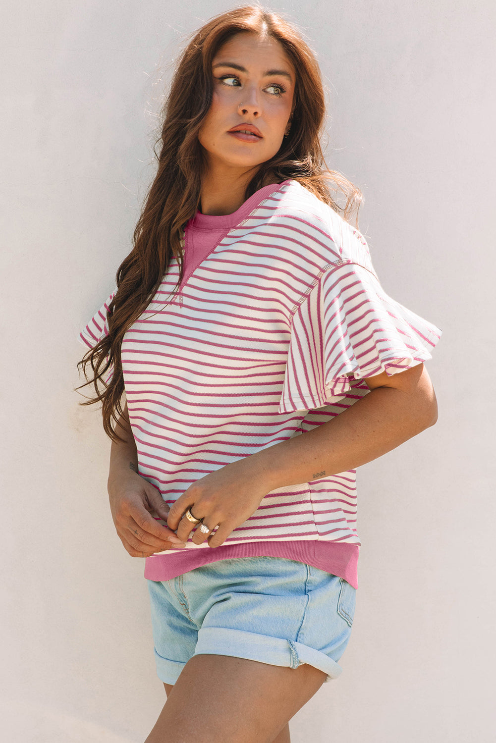 Sachet Pink Contrast Detail Striped Ruffle Short Sleeve Top-Tops/Tops & Tees-[Adult]-[Female]-2022 Online Blue Zone Planet