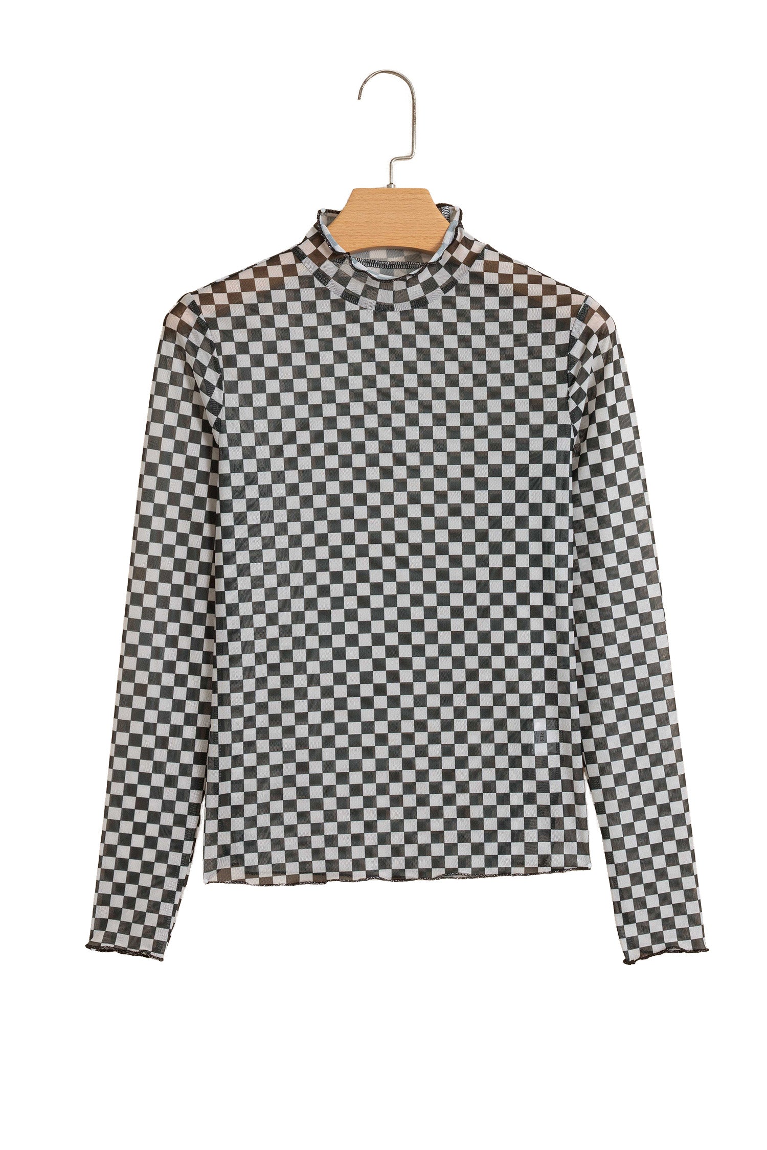 Black Plaid Stand Neck Long Sleeve Mesh Top-Tops/Long Sleeve Tops-[Adult]-[Female]-2022 Online Blue Zone Planet
