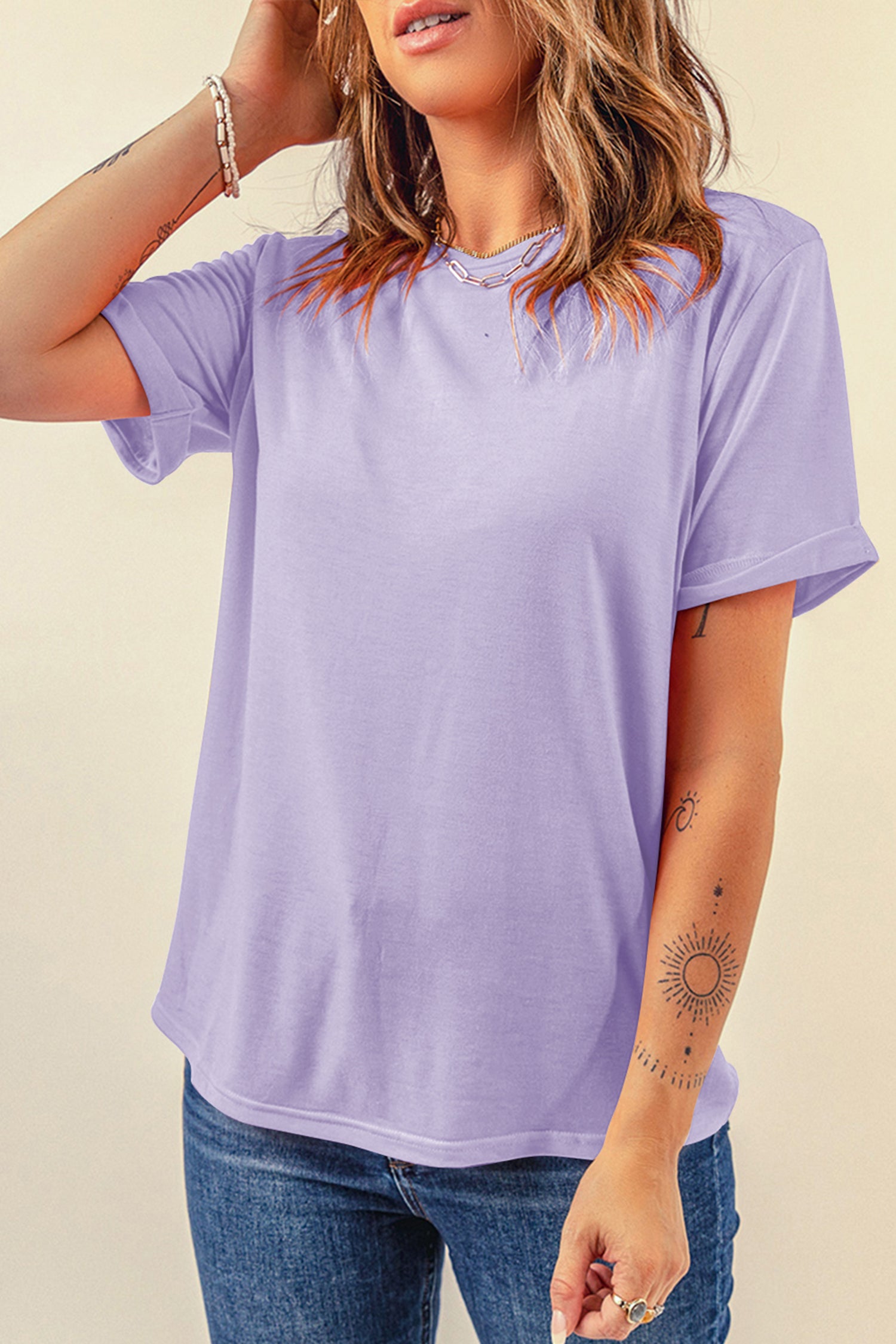 Orchid Petal Casual Plain Crew Neck Tee-Tops/Tops & Tees-[Adult]-[Female]-Orchid Petal-S-2022 Online Blue Zone Planet