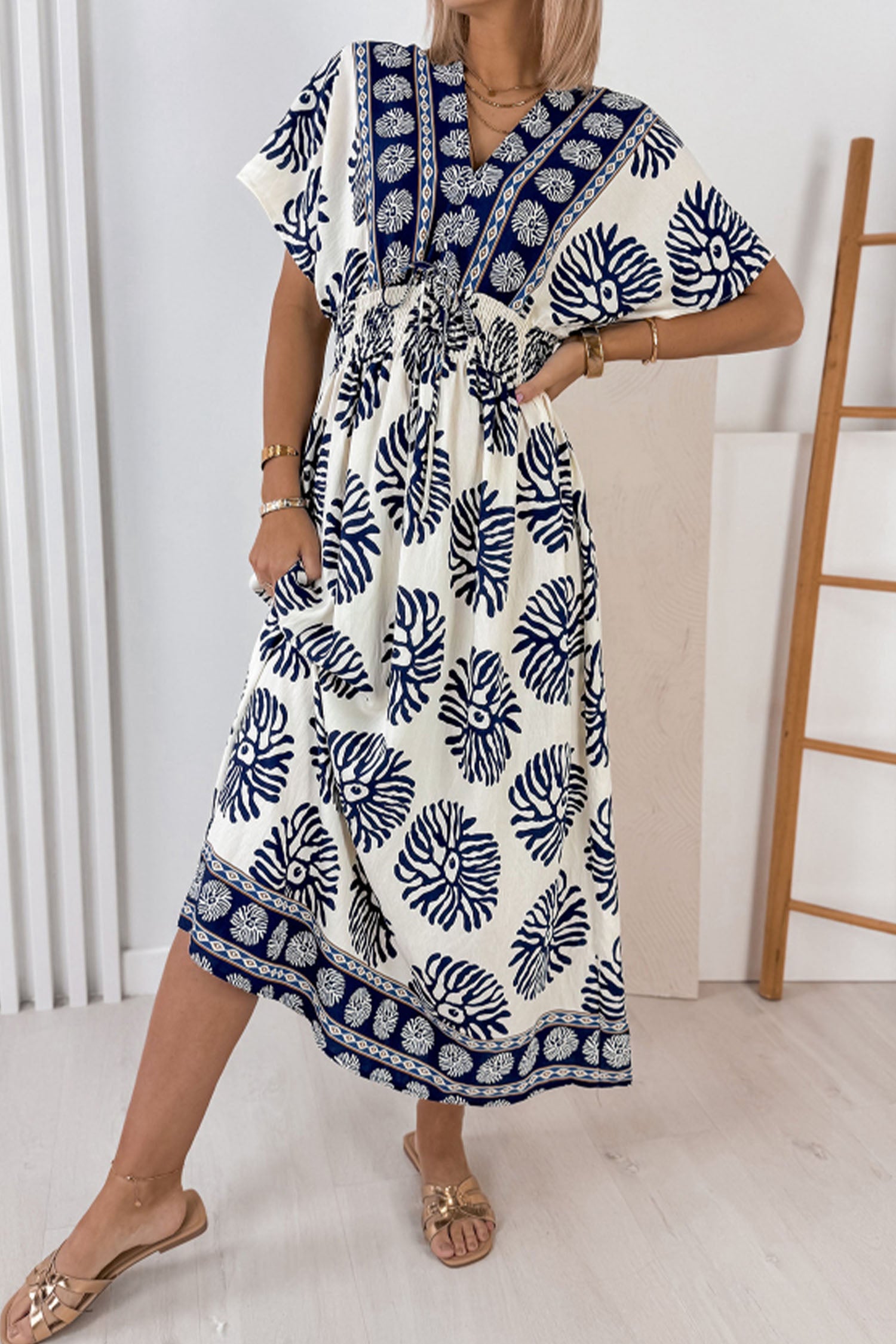 Blue Boho Floral Print Contrast Patchwork V Neck Dolman Maxi Dress-TOPS / DRESSES-[Adult]-[Female]-2022 Online Blue Zone Planet