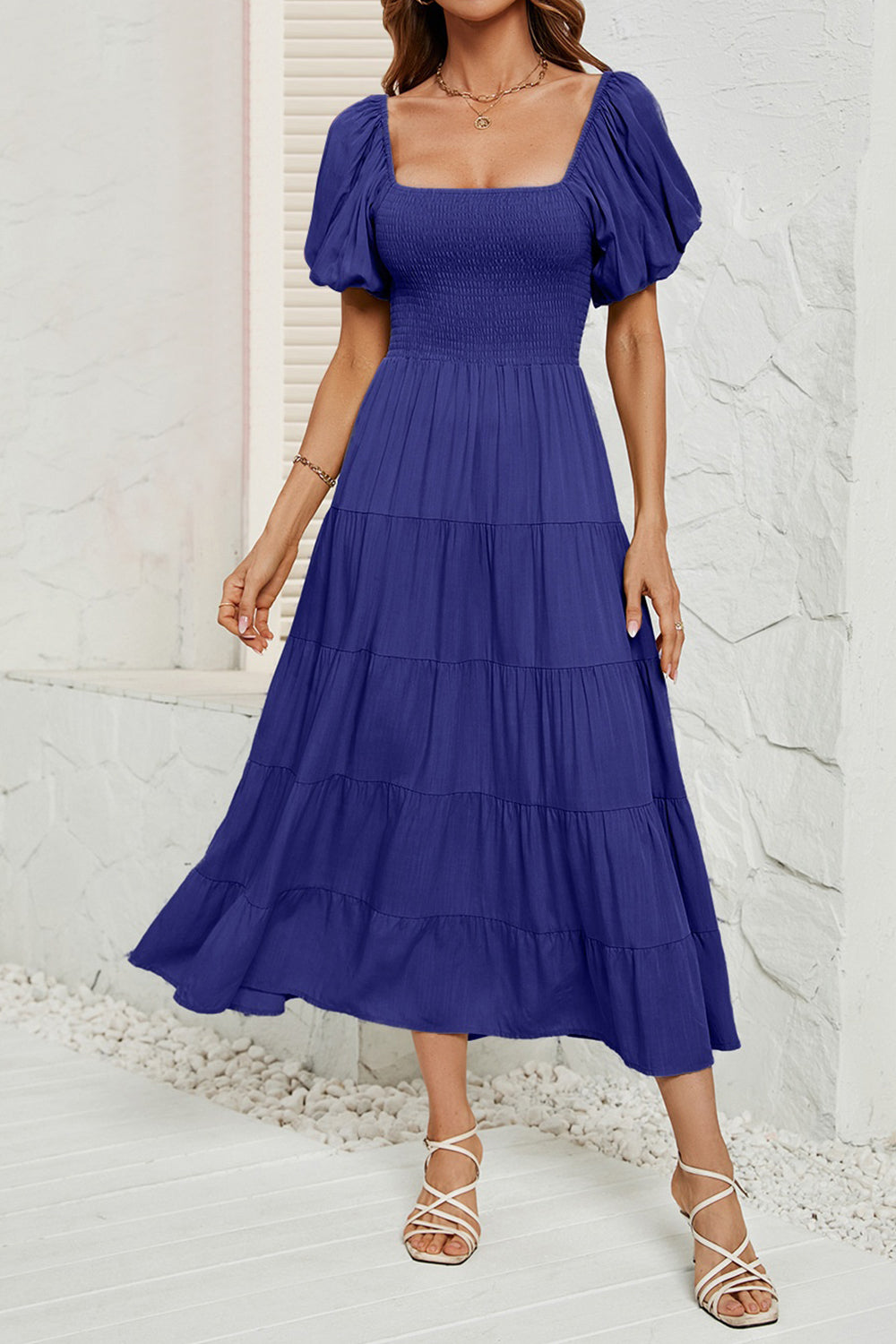 Smocked Square Neck Puff Sleeve Dress BLUE ZONE PLANET