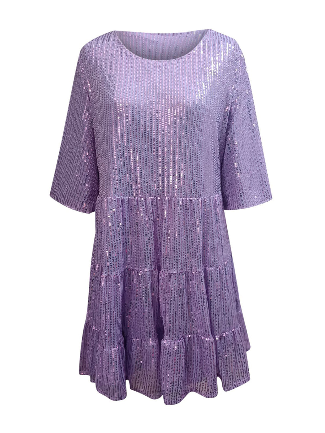 Full Size Sequin Round Neck Half Sleeve Mini Dress-TOPS / DRESSES-[Adult]-[Female]-2022 Online Blue Zone Planet