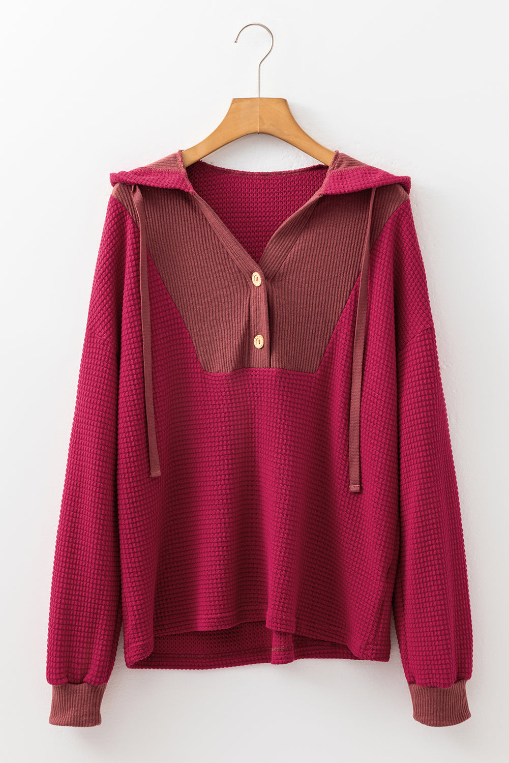 Racing Red Waffle Patchwork Drop Shoulder Hooded Long Sleeve Top-Tops / Dresses-[Adult]-[Female]-2022 Online Blue Zone Planet
