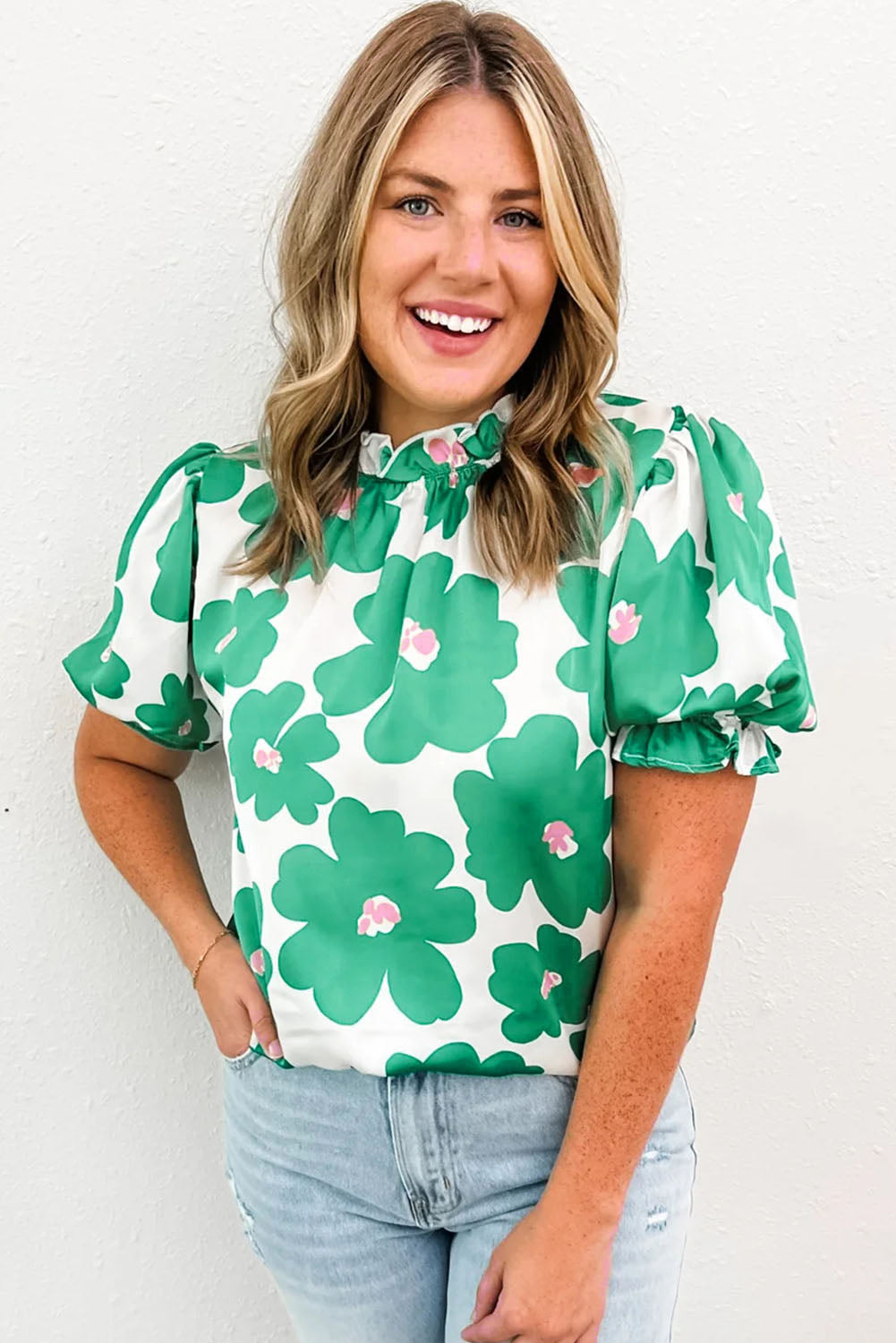 Green Floral Puff Sleeve Frill Neckline Blouse-Tops/Blouses & Shirts-[Adult]-[Female]-2022 Online Blue Zone Planet