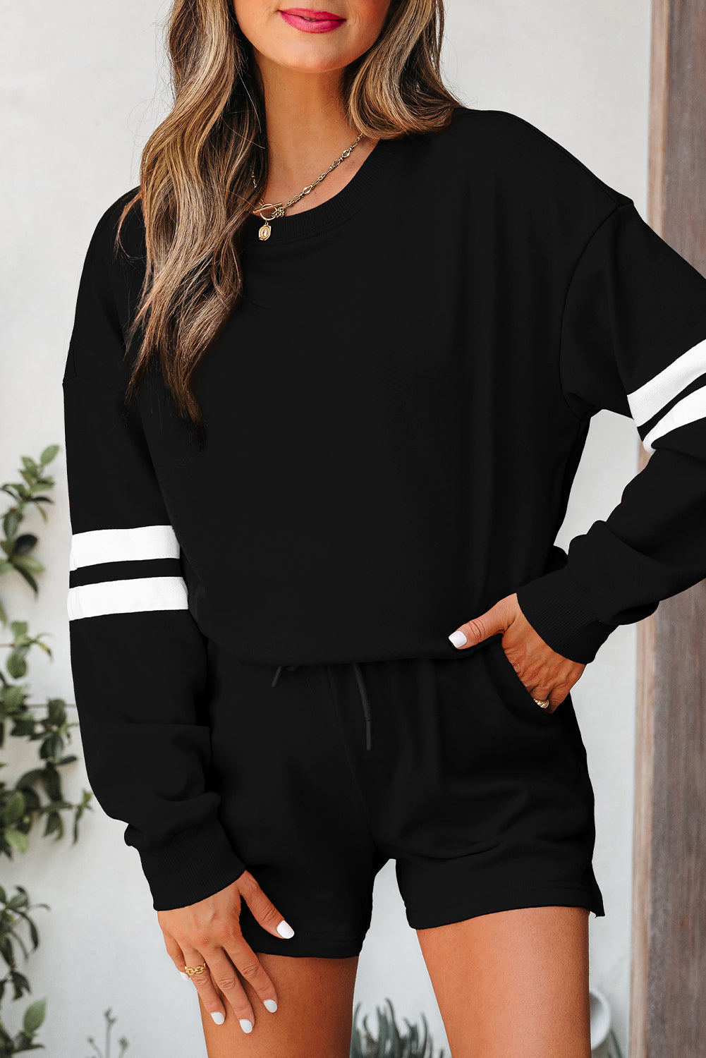 Black Varsity Striped Sleeve Drop Shoulder Sweatshirt and Short Set-Two Piece Sets/Short Sets-[Adult]-[Female]-2022 Online Blue Zone Planet