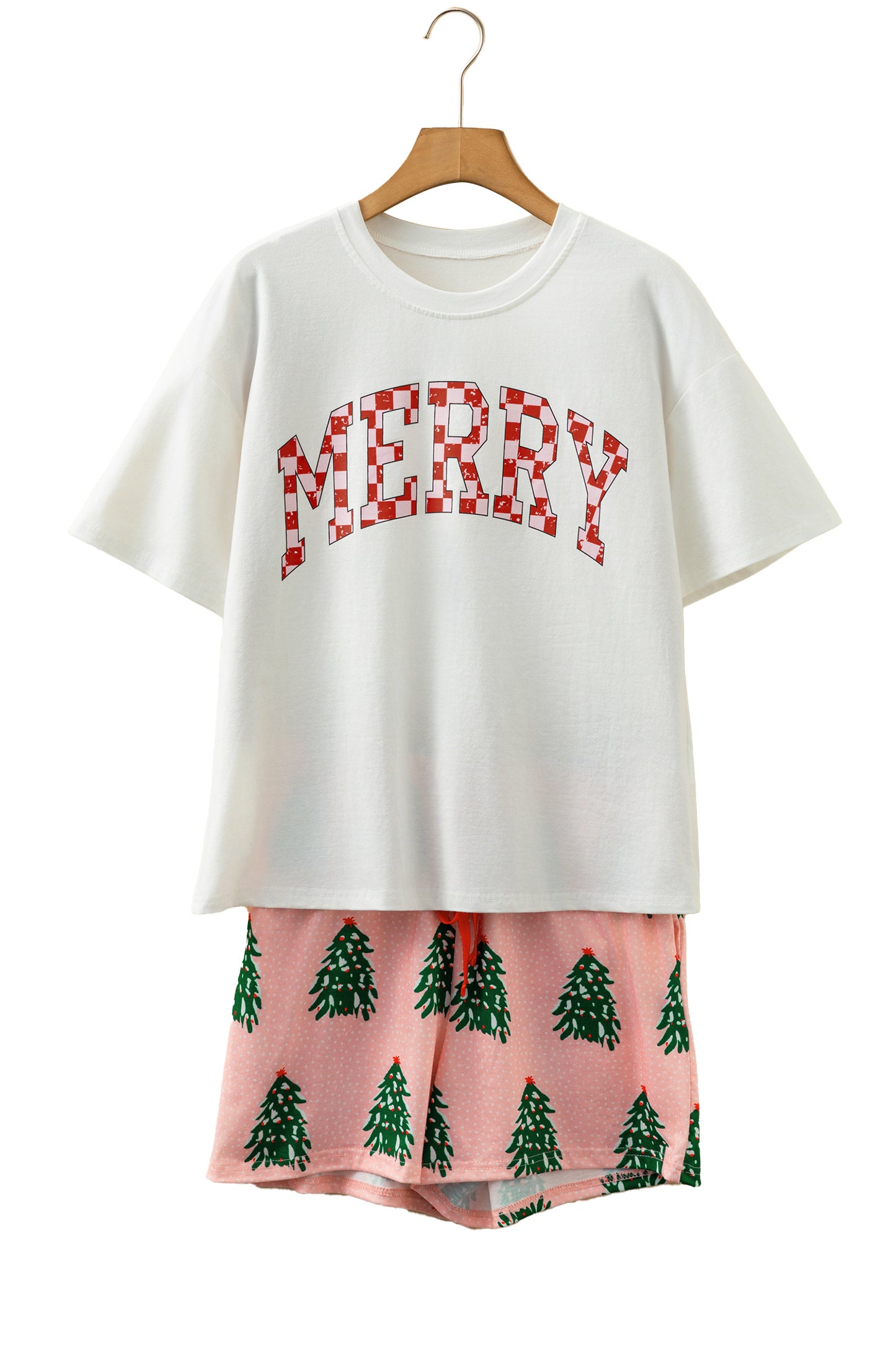 Pink Checkered MERRY Graphic Christmas Tree Print Short Lounge Set-Loungewear & Sleepwear/Loungewear-[Adult]-[Female]-2022 Online Blue Zone Planet