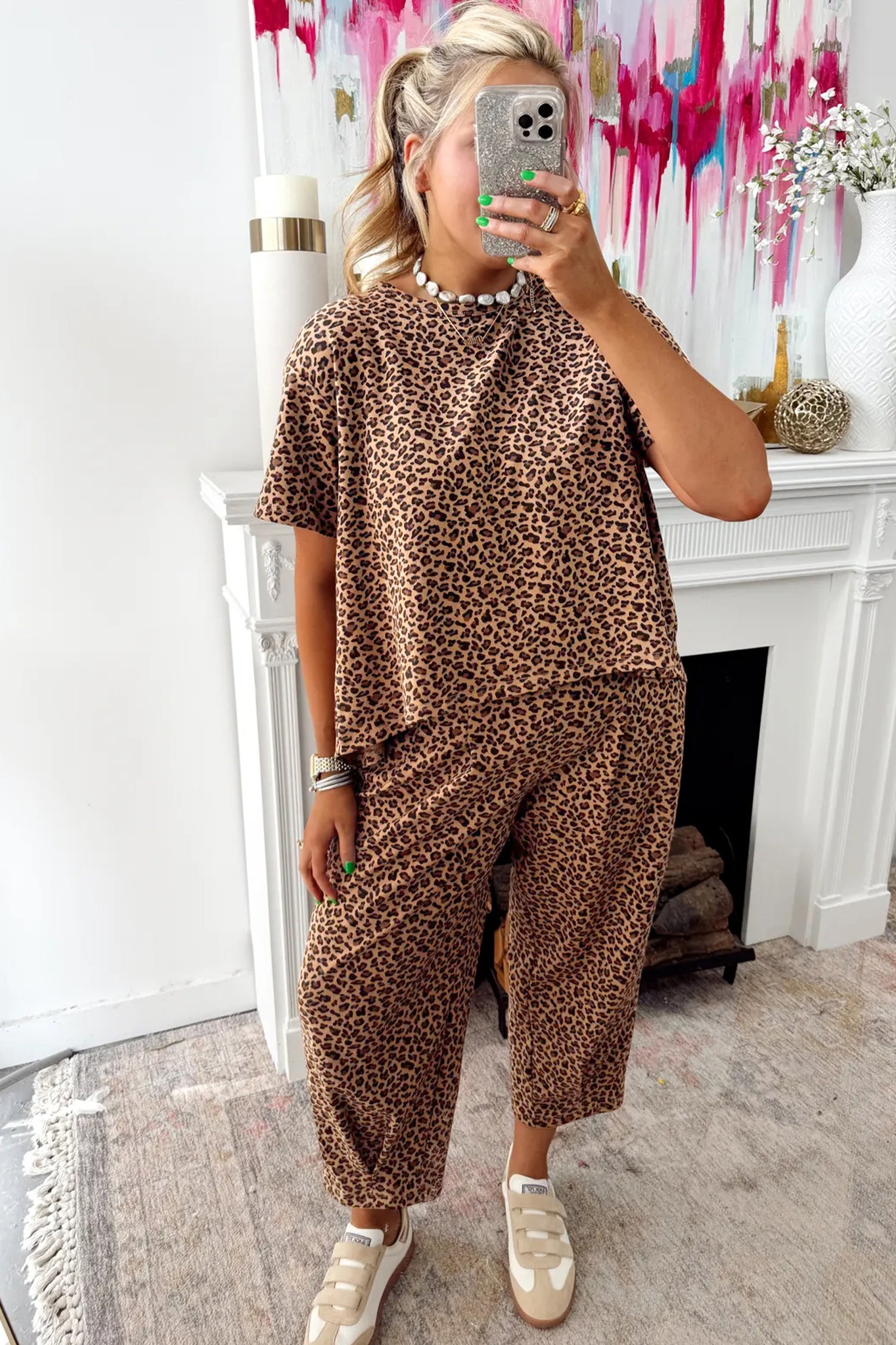 Brown Leopard Loose Tee Drawstring Waist Barrel Pants Set-Two Piece Sets/Pant Sets-[Adult]-[Female]-2022 Online Blue Zone Planet