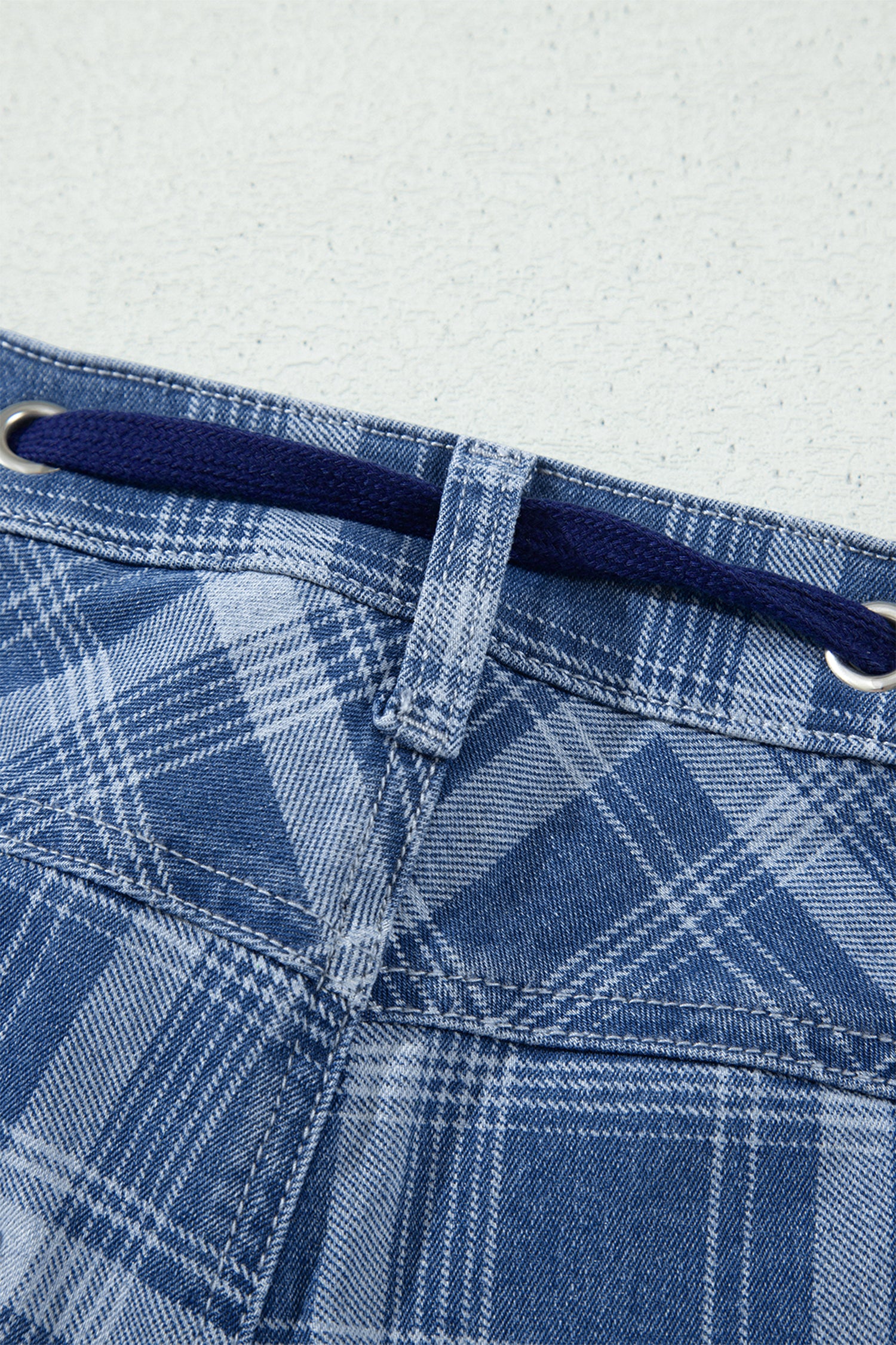 Sky Blue Plaid Denim Grommet Drawstring Waist Ankle-Length Jeans-Bottoms/Jeans-[Adult]-[Female]-2022 Online Blue Zone Planet