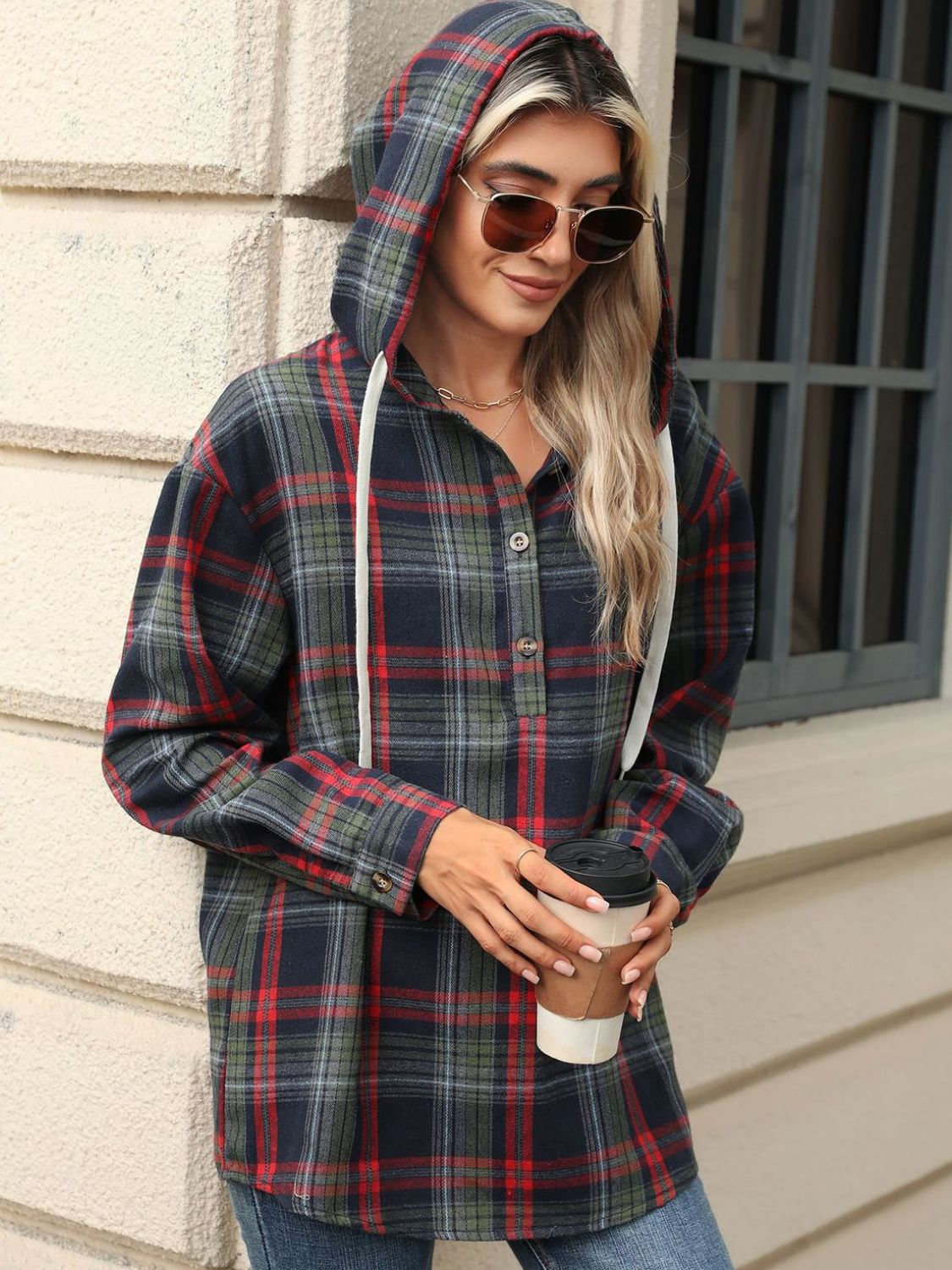 Blue Zone Planet | Drawstring Plaid Hooded Long Sleeve Top-TOPS / DRESSES-[Adult]-[Female]-Dark Navy-S-2022 Online Blue Zone Planet