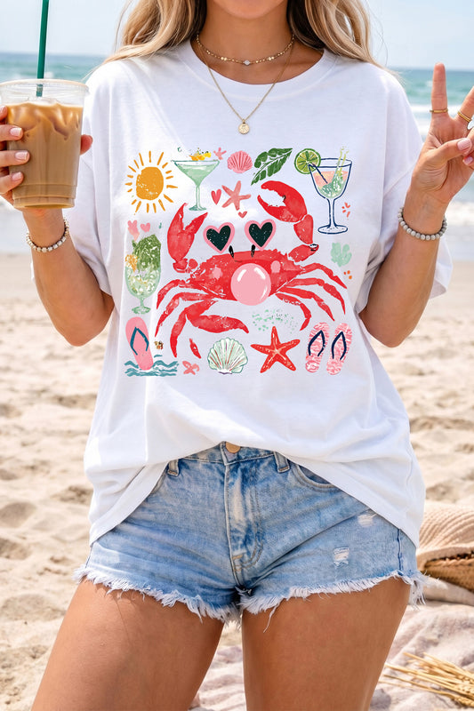 White Summer Vacation Crab Graphic Tee-Graphic/Graphic Tees-[Adult]-[Female]-White-S-2022 Online Blue Zone Planet