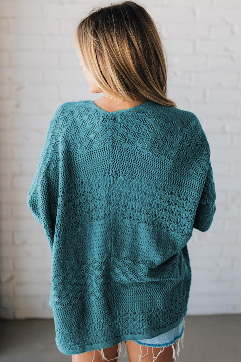Lapis Mix Pattern Hollowed Knit Open Front Cardigan-Sweaters & Cardigans/Cardigans-[Adult]-[Female]-2022 Online Blue Zone Planet
