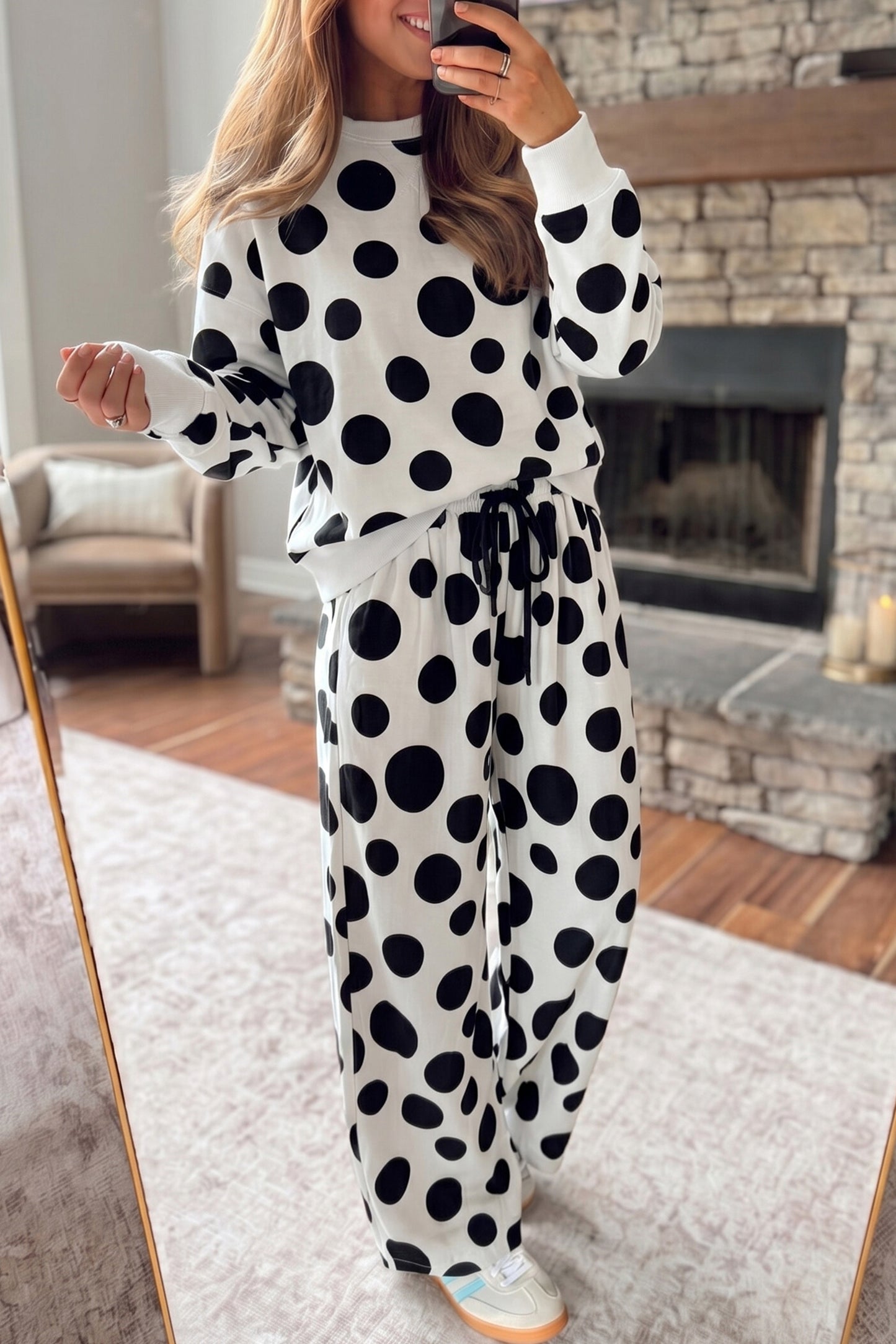 Khaki Polka Dot Long Sleeve Top Drawstring Relaxed Pants Set-Two Piece Sets/Pant Sets-[Adult]-[Female]-White-S-2022 Online Blue Zone Planet
