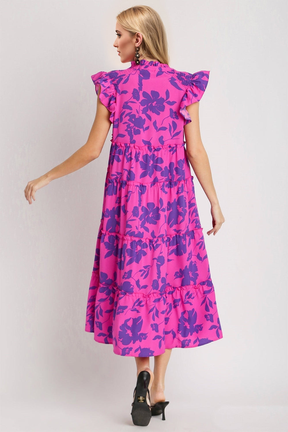 Oh Full Size Ruffled Printed Notched Cap Sleeve Midi Dress-TOPS / DRESSES-[Adult]-[Female]-2022 Online Blue Zone Planet