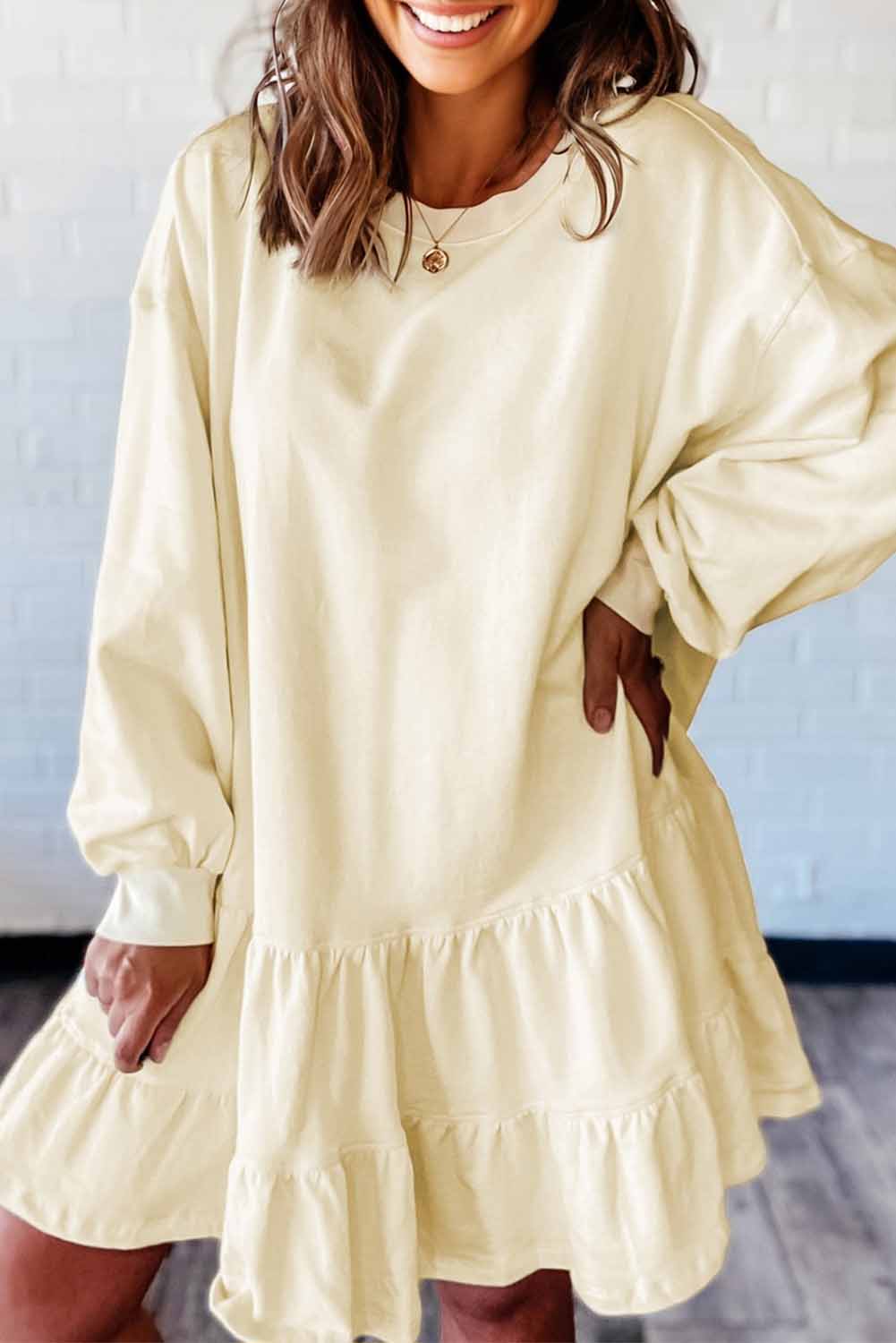 Beige Double Tiered Ruffle Hem Long Sleeve Loose Mini Dress-TOPS / DRESSES-[Adult]-[Female]-2022 Online Blue Zone Planet