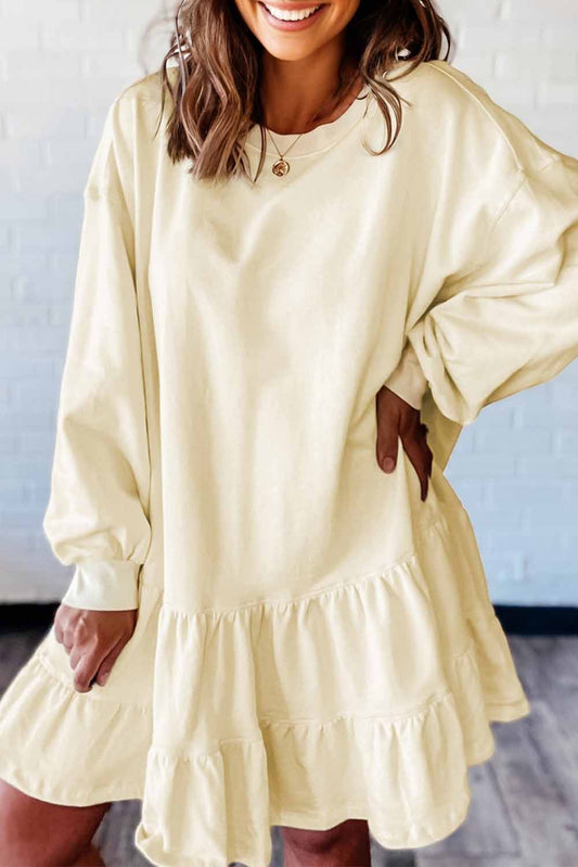 Beige Double Tiered Ruffle Hem Long Sleeve Loose Mini Dress-TOPS / DRESSES-[Adult]-[Female]-2022 Online Blue Zone Planet