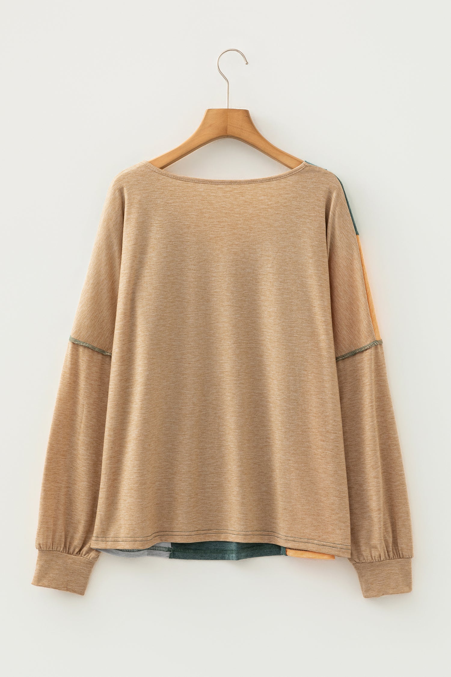 Jungle Green Exposed Stitching Colorblock V Neck Long Sleeve Top-Tops/Long Sleeve Tops-[Adult]-[Female]-2022 Online Blue Zone Planet