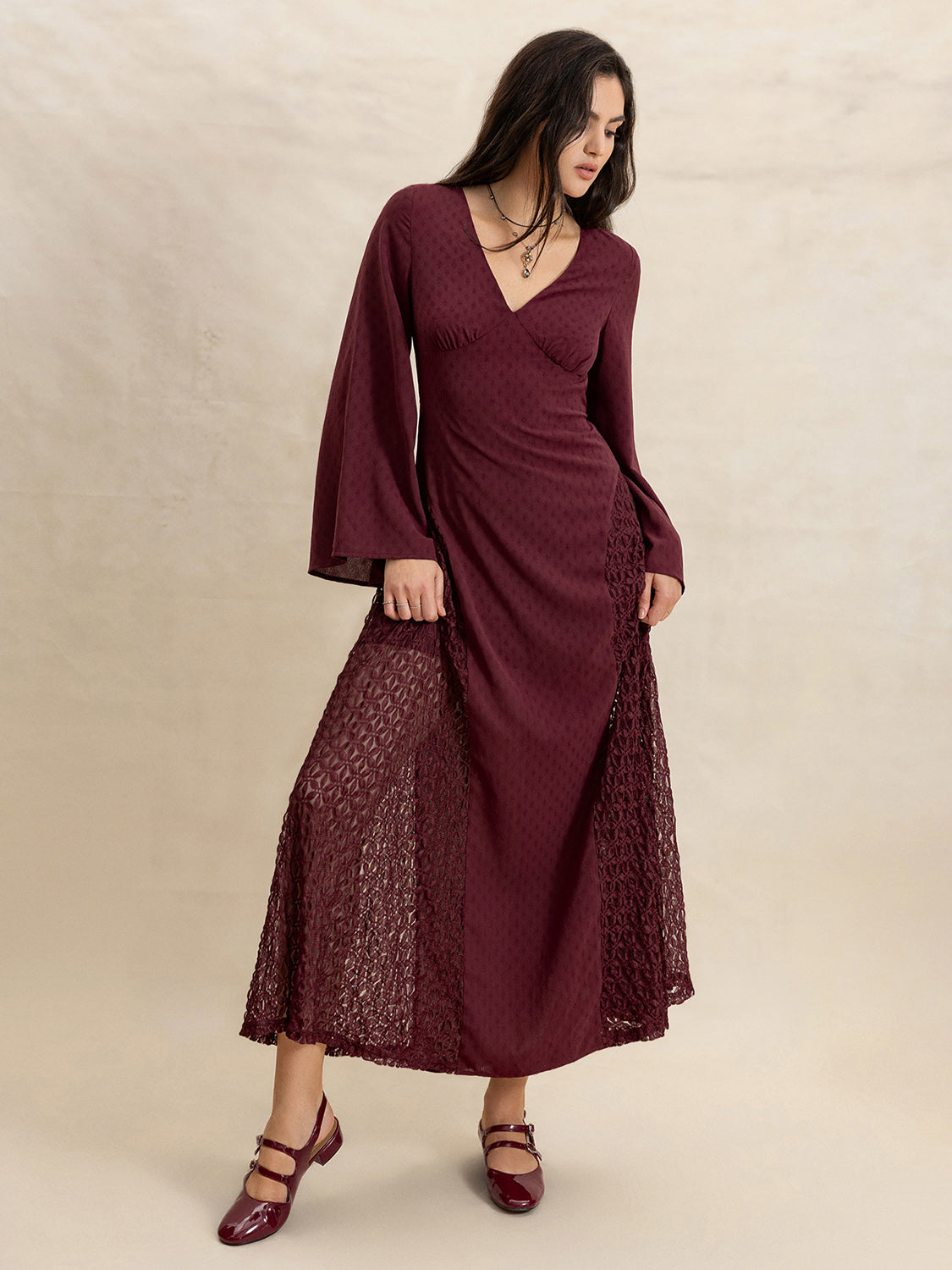 Lace Patchwork V-Neck Long Sleeve Midi Dress-TOPS / DRESSES-[Adult]-[Female]-2022 Online Blue Zone Planet