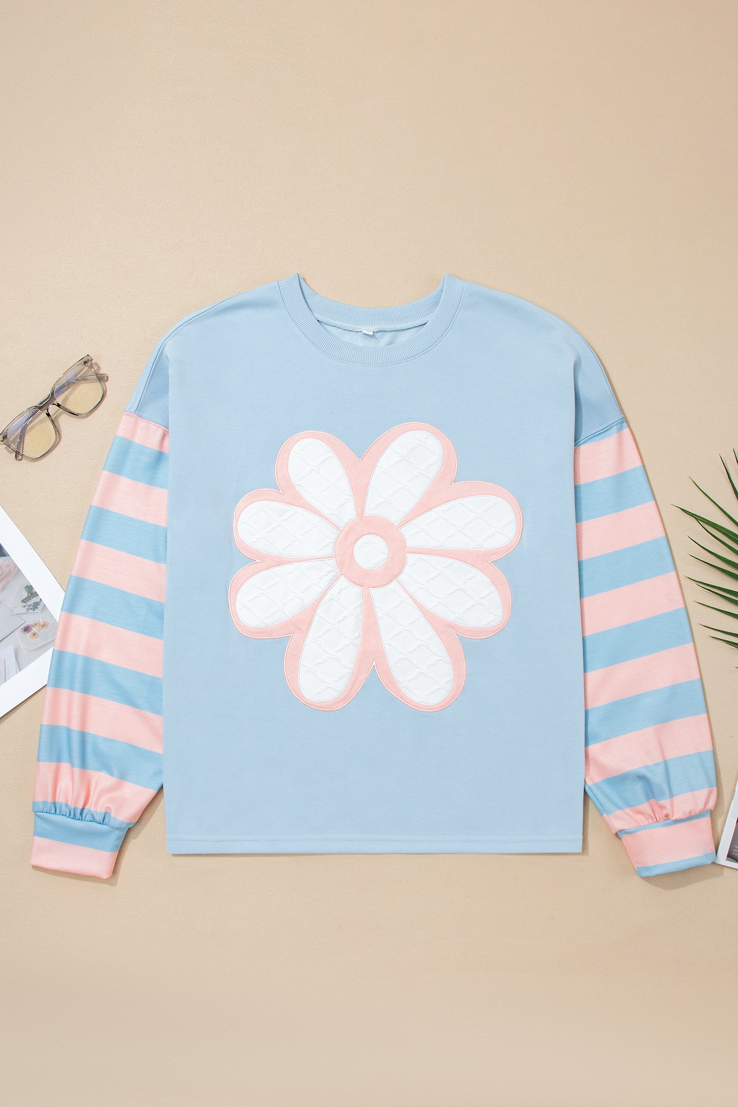 Beau Blue Big Flower Patch Drop Shoulder Striped Long Sleeve Top-Tops/Long Sleeve Tops-[Adult]-[Female]-2022 Online Blue Zone Planet