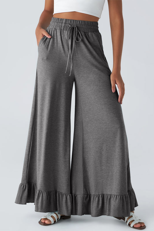 Medium Grey Ruffled Wide Leg Pull On High Waist Pants with Pockets-Bottoms/Pants & Culotte-[Adult]-[Female]-Medium Grey-S-2022 Online Blue Zone Planet