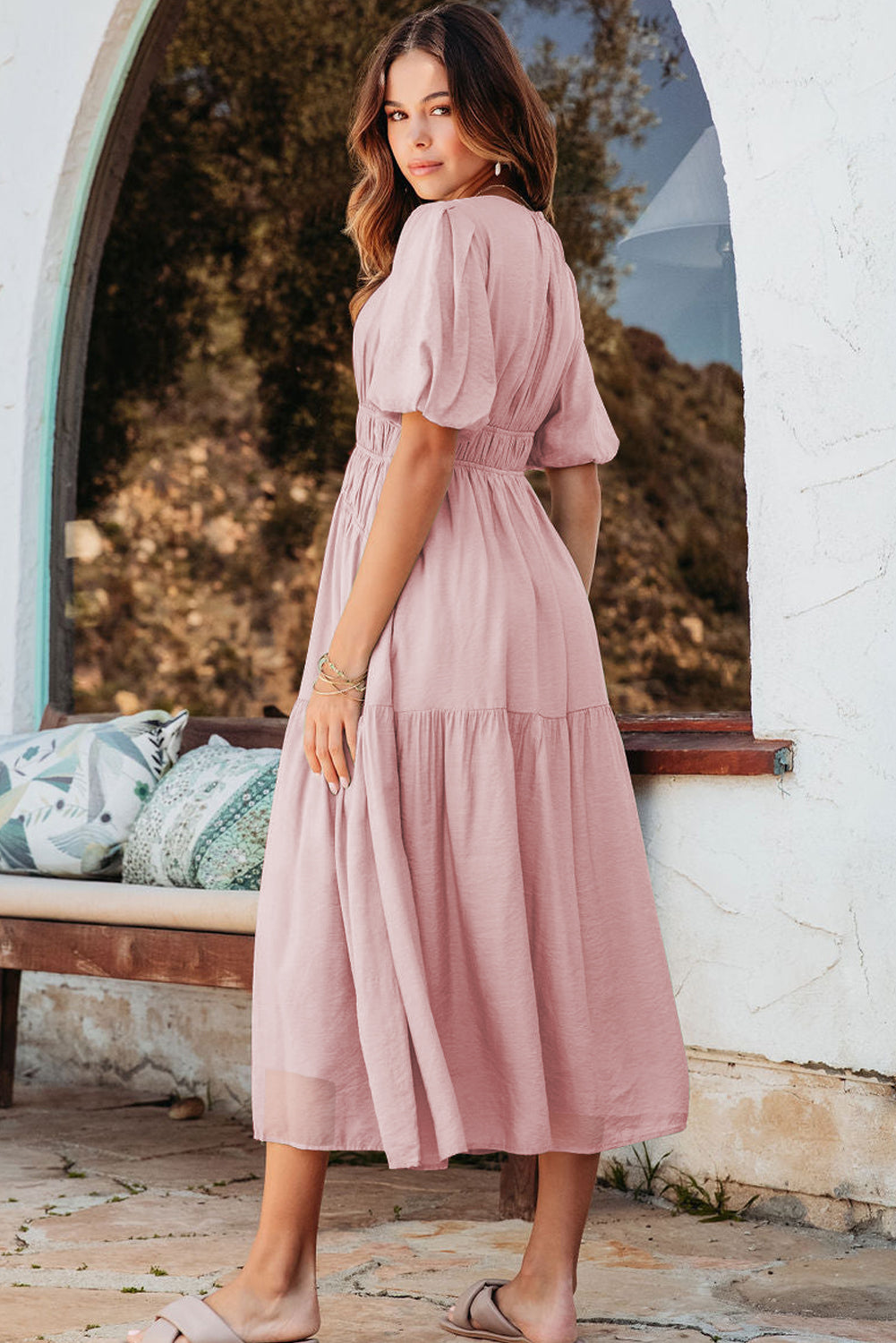 Pink Puff Sleeve Pleated High Waist Flowy Long Dress-TOPS / DRESSES-[Adult]-[Female]-2022 Online Blue Zone Planet