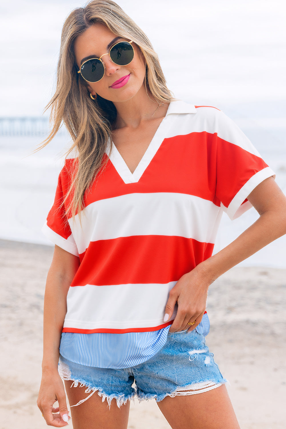 Red Stripe Collar V Neck Cuffed Dolman Short Sleeve Top-Tops/Blouses & Shirts-[Adult]-[Female]-2022 Online Blue Zone Planet