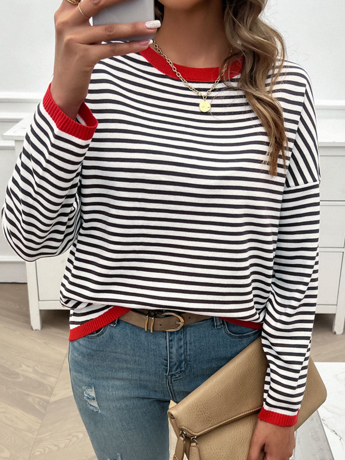 Striped Round Neck Dropped Shoulder Sweater-TOPS / DRESSES-[Adult]-[Female]-2022 Online Blue Zone Planet